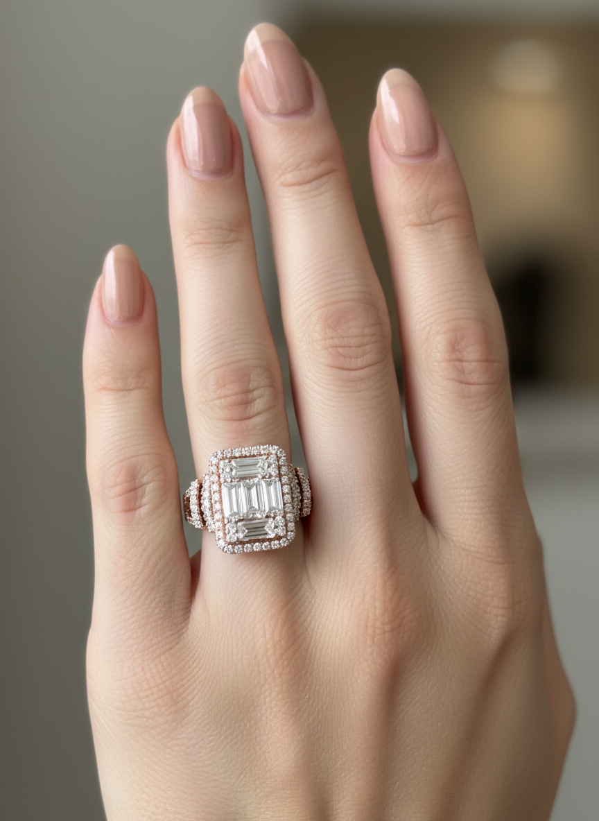 Close-up of Qyrex Band Baguette Lab Diamond Halo Ring set in 18K Rose Gold by Fiona Diamonds
