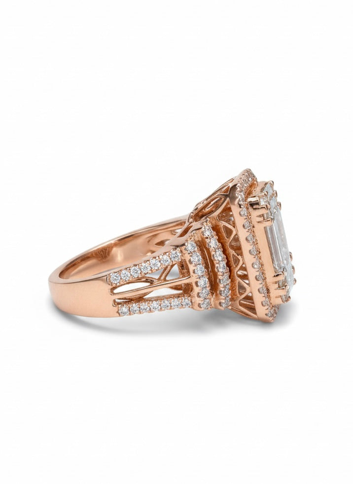 Side view of Qyrex Band Baguette Lab Diamond Halo Ring in 18K Rose Gold - Fiona Diamonds