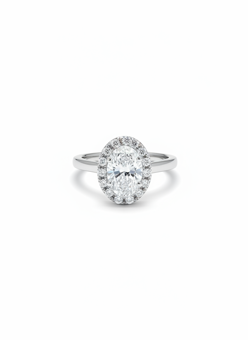 Xoriel Band Oval Lab Diamond Halo Ring in 14K White Gold by Fiona Diamonds