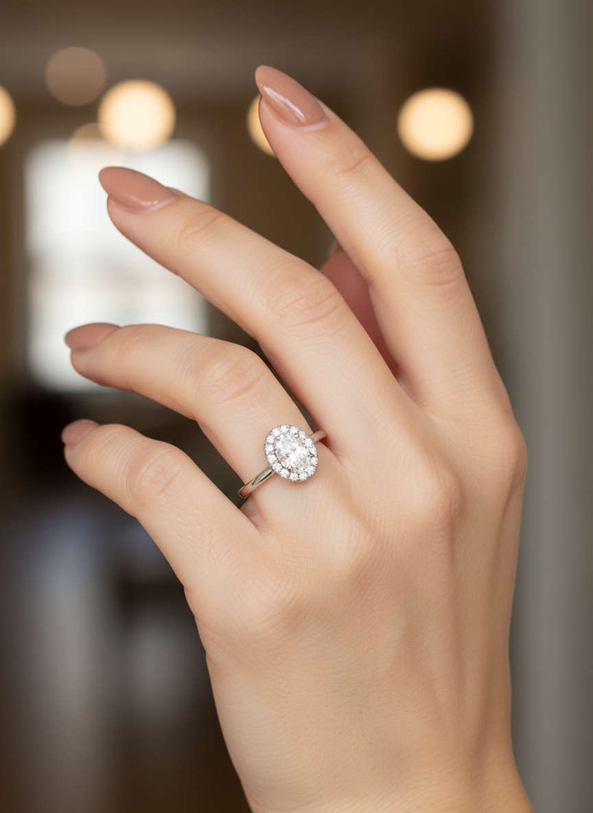 Close-up of Xoriel Band Oval Lab Diamond Halo Ring set in 14K White Gold by Fiona Diamonds