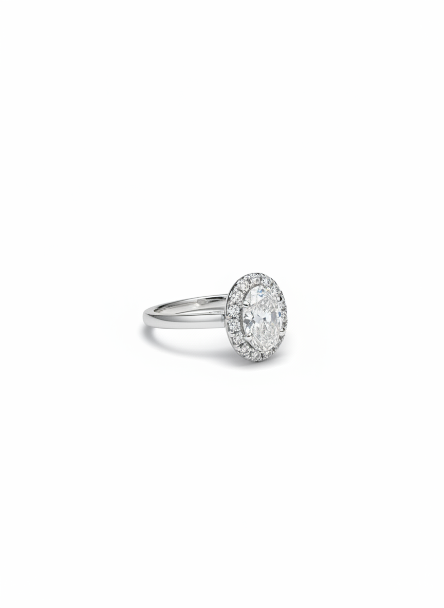 Side view of Xoriel Band Oval Lab Diamond Halo Ring in 14K White Gold - Fiona Diamonds