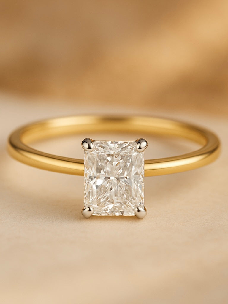 Close-up of 1ct Radiant Radiant Lab Diamond Classic Solitaire Ring set in 14K Yellow Gold by Fiona Diamonds