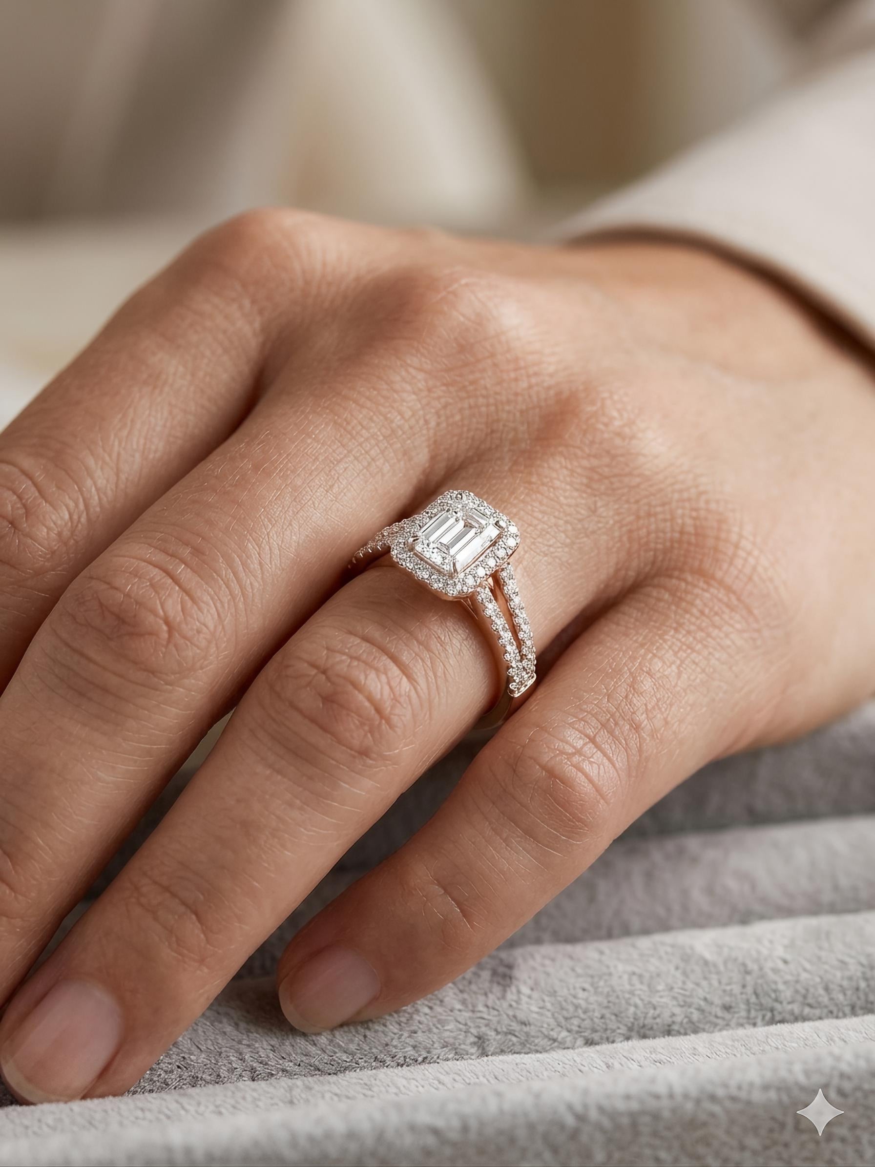 Side view of Xorixa Band Emerald Lab Diamond Halo Ring in 14K Rose Gold - Fiona Diamonds