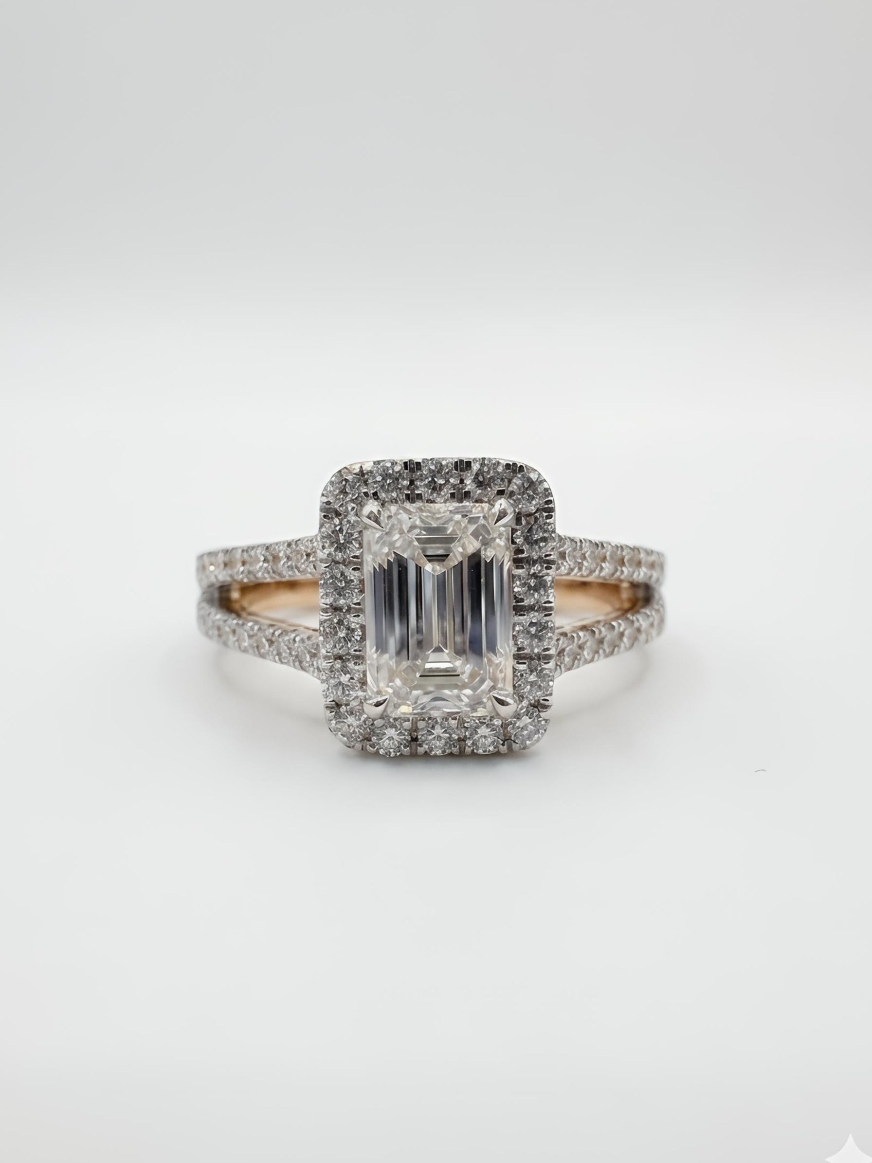 Xorixa Band Emerald Lab Diamond Halo Ring in 14K Rose Gold by Fiona Diamonds