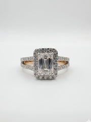 Xorixa Band Emerald Lab Diamond Halo Ring in 14K Rose Gold by Fiona Diamonds