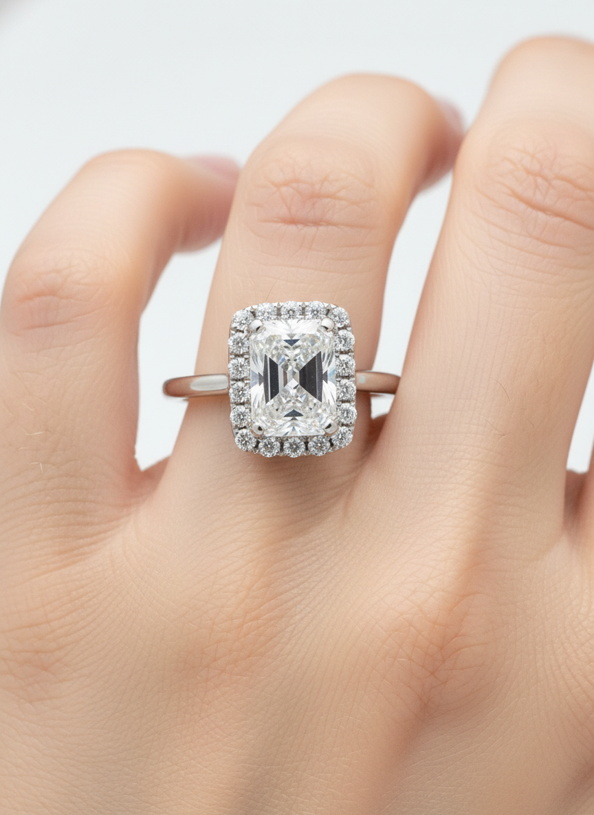 Side view of Zephyr Pavé Round Lab Diamond Halo Ring in 14K White Gold - Fiona Diamonds