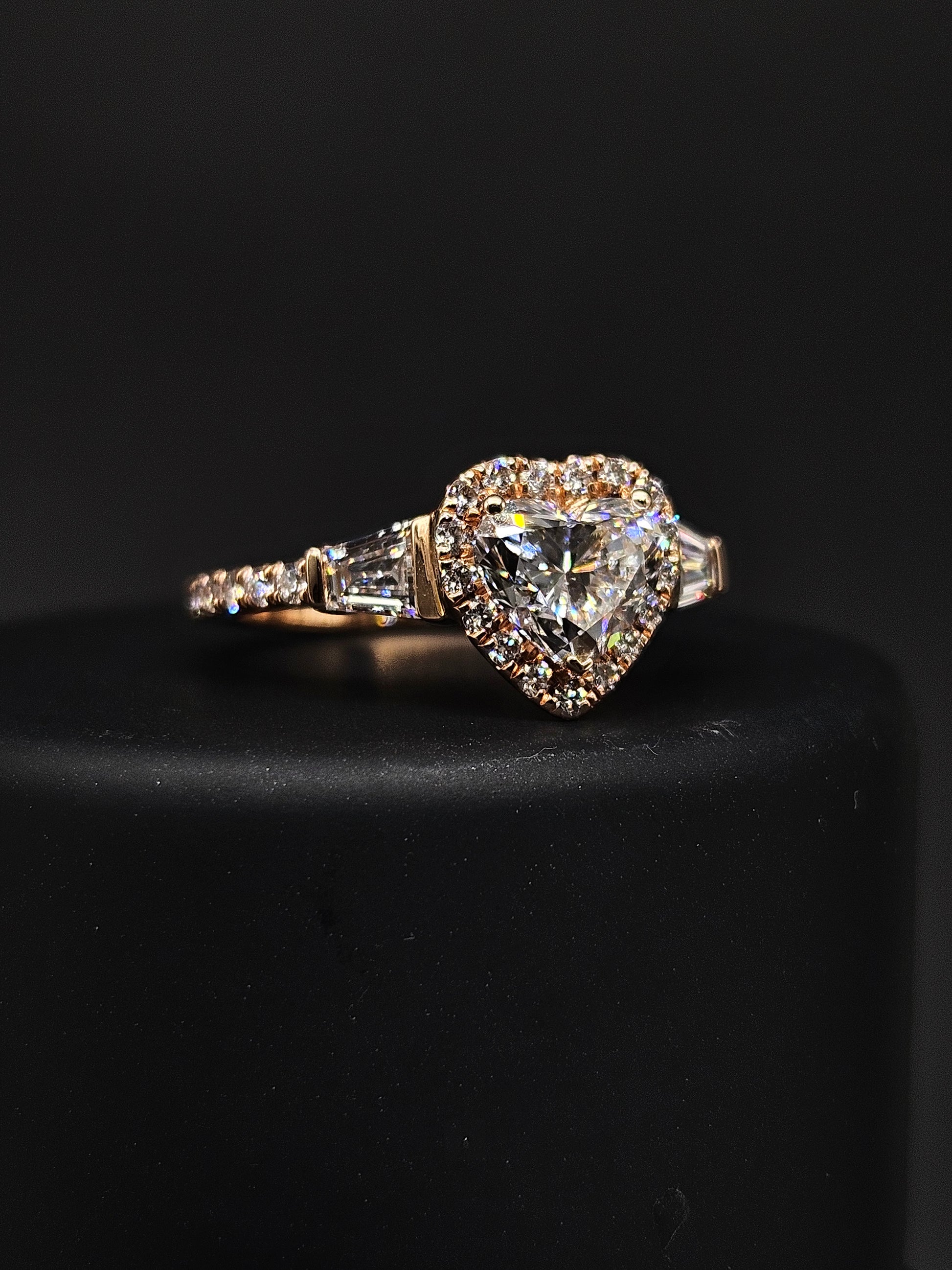 Fiona Diamonds Yuxin Heart Lab Diamond Three Stone Ring in 14K Rose Gold on hand