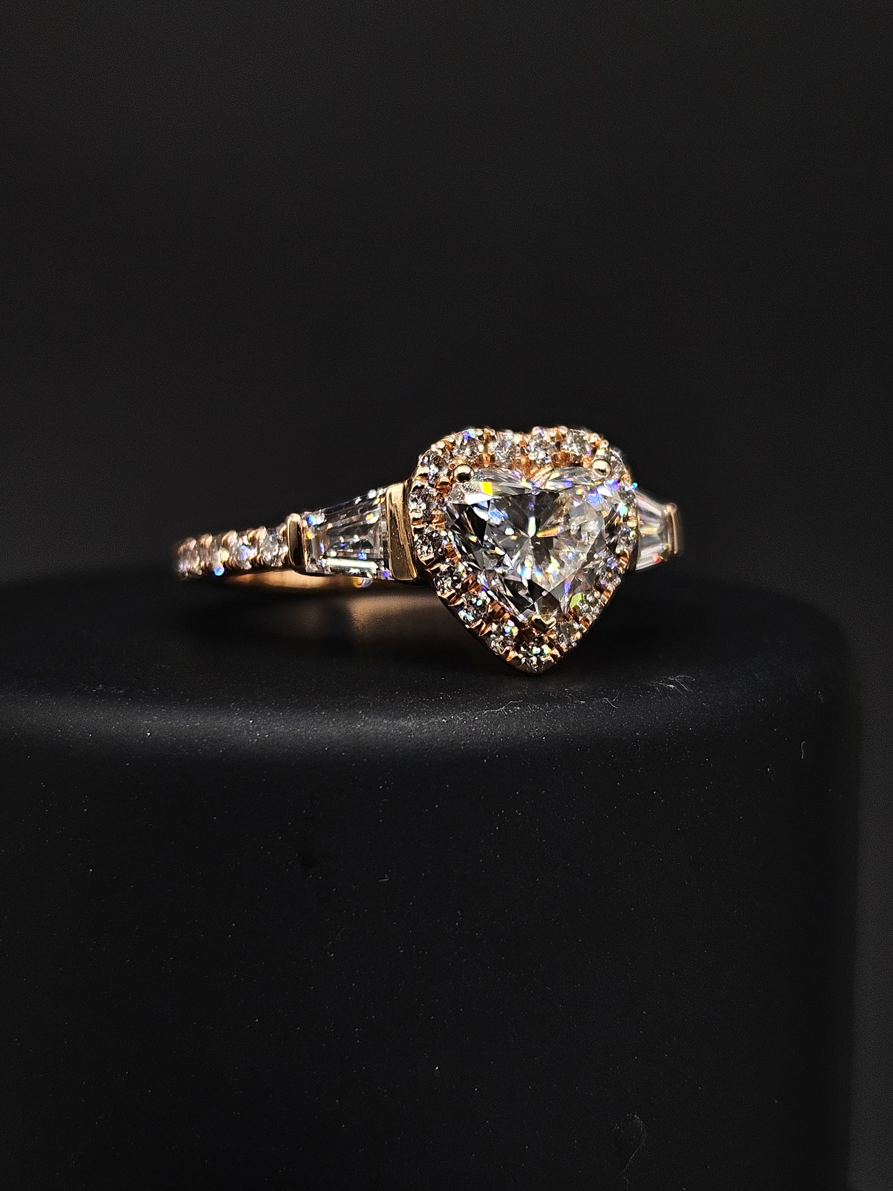 Fiona Diamonds Yuxin Heart Lab Diamond Three Stone Ring in 14K Rose Gold on hand