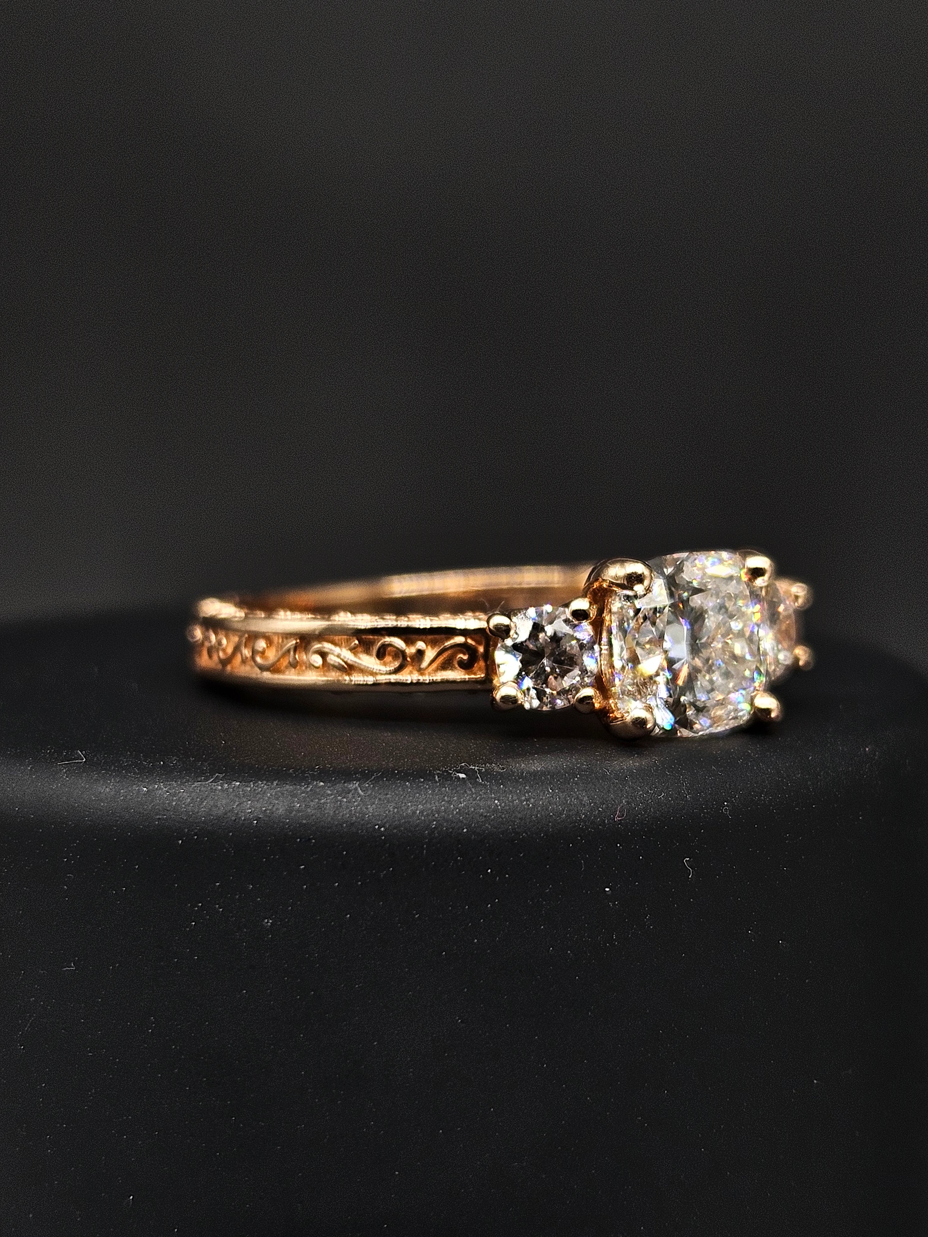 Cushion Lab Diamond Three Stone Ring in 14K Rose Gold - Nova Lace by Fiona Diamonds