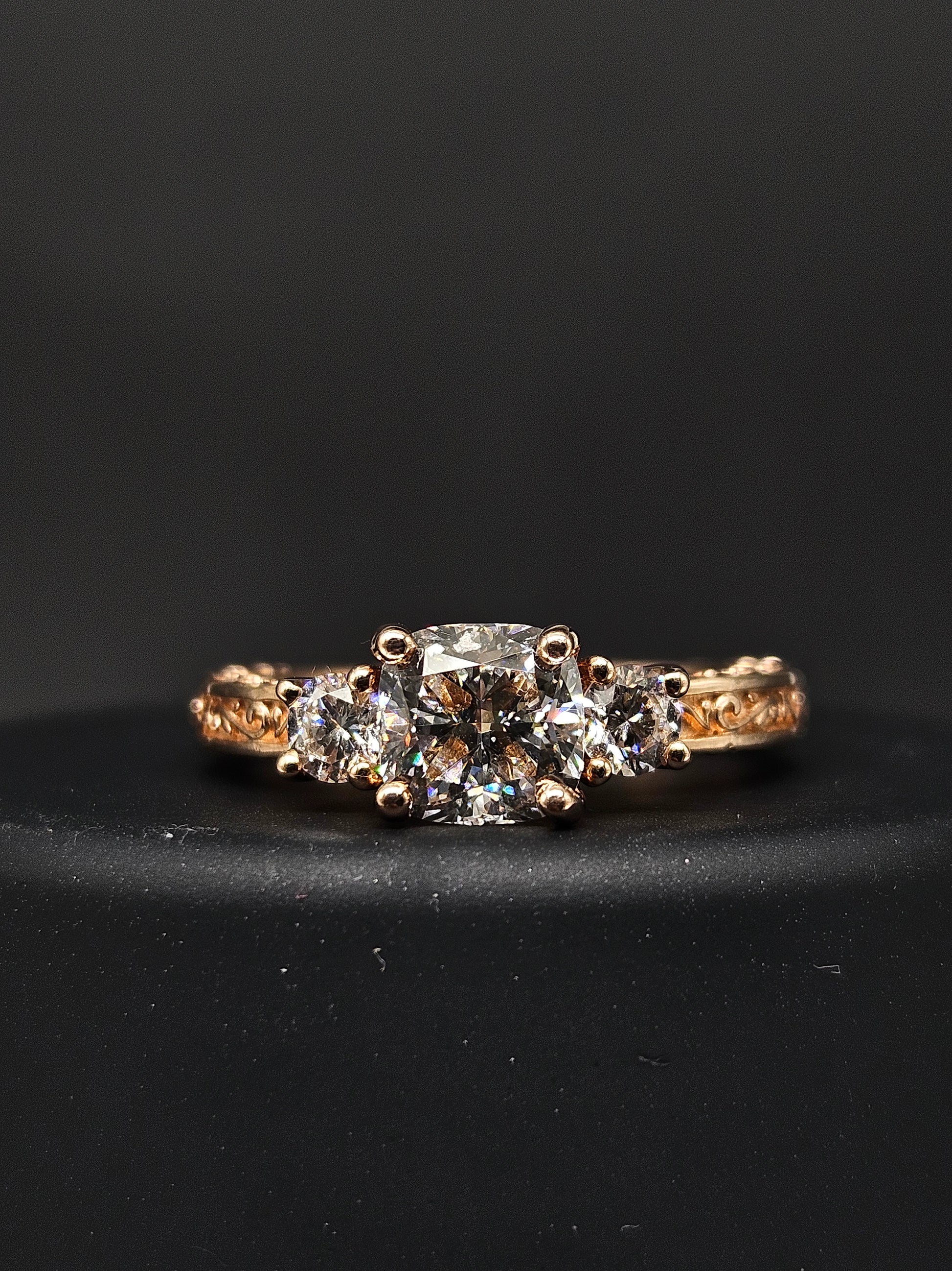 Side view of Nova Lace Cushion Lab Diamond Three Stone Ring in 14K Rose Gold - Fiona Diamonds