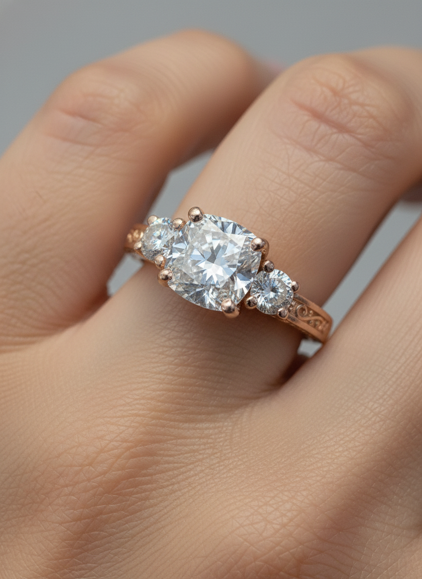 Close-up of Nova Lace Cushion Lab Diamond Three Stone Ring set in 14K Rose Gold by Fiona Diamonds