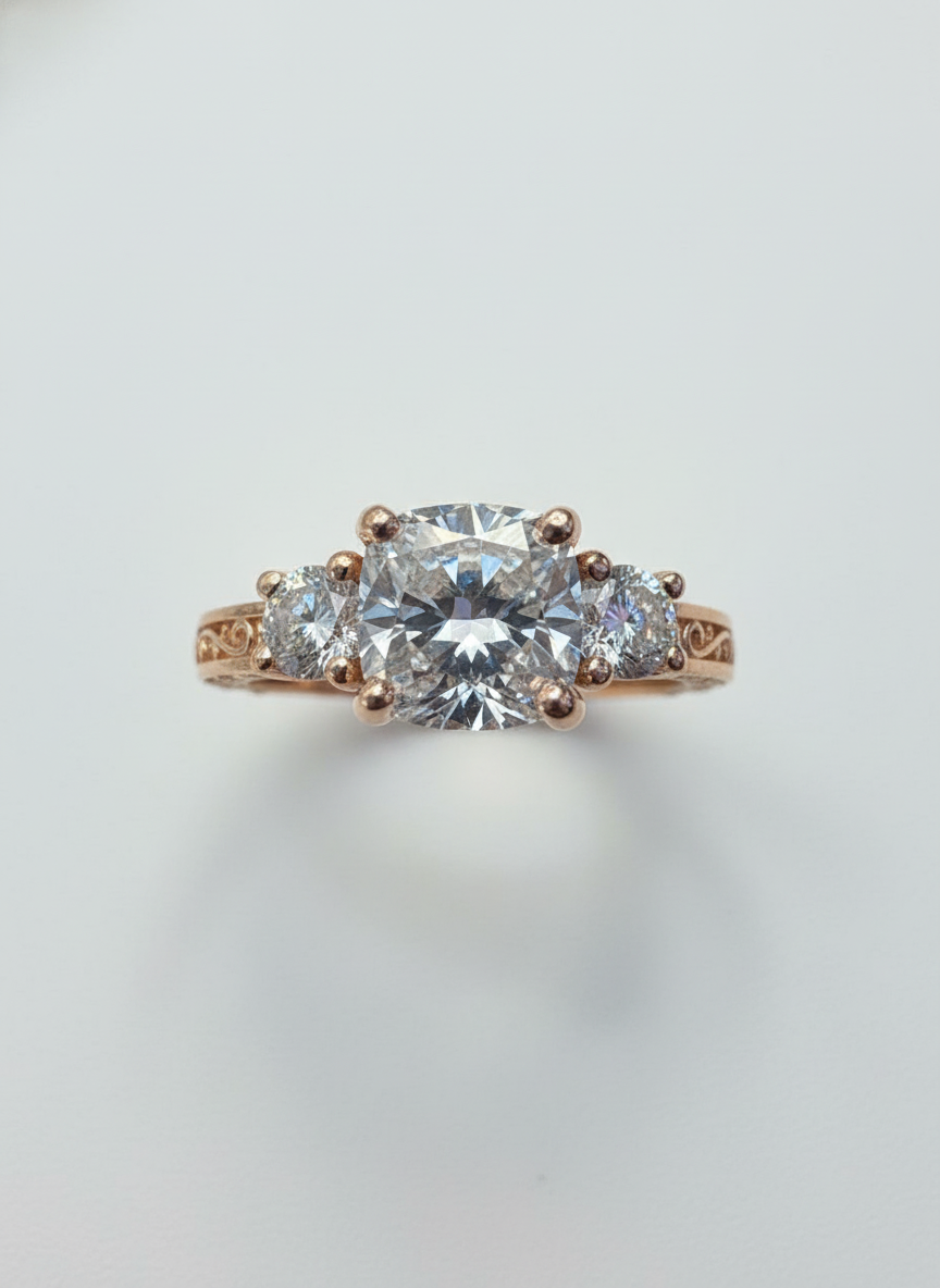 Nova Lace Cushion Lab Diamond Three Stone Ring in 14K Rose Gold by Fiona Diamonds