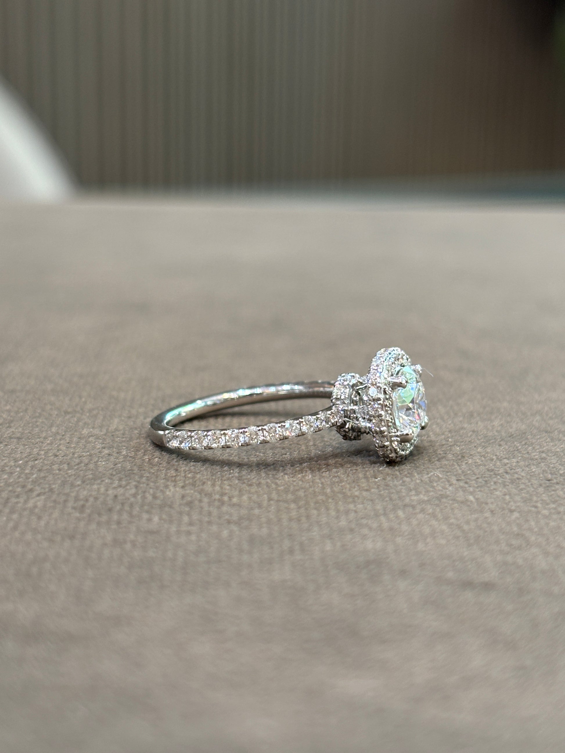 Side view of Vanta Crest Round Lab Diamond Halo Ring in 14K White Gold - Fiona Diamonds