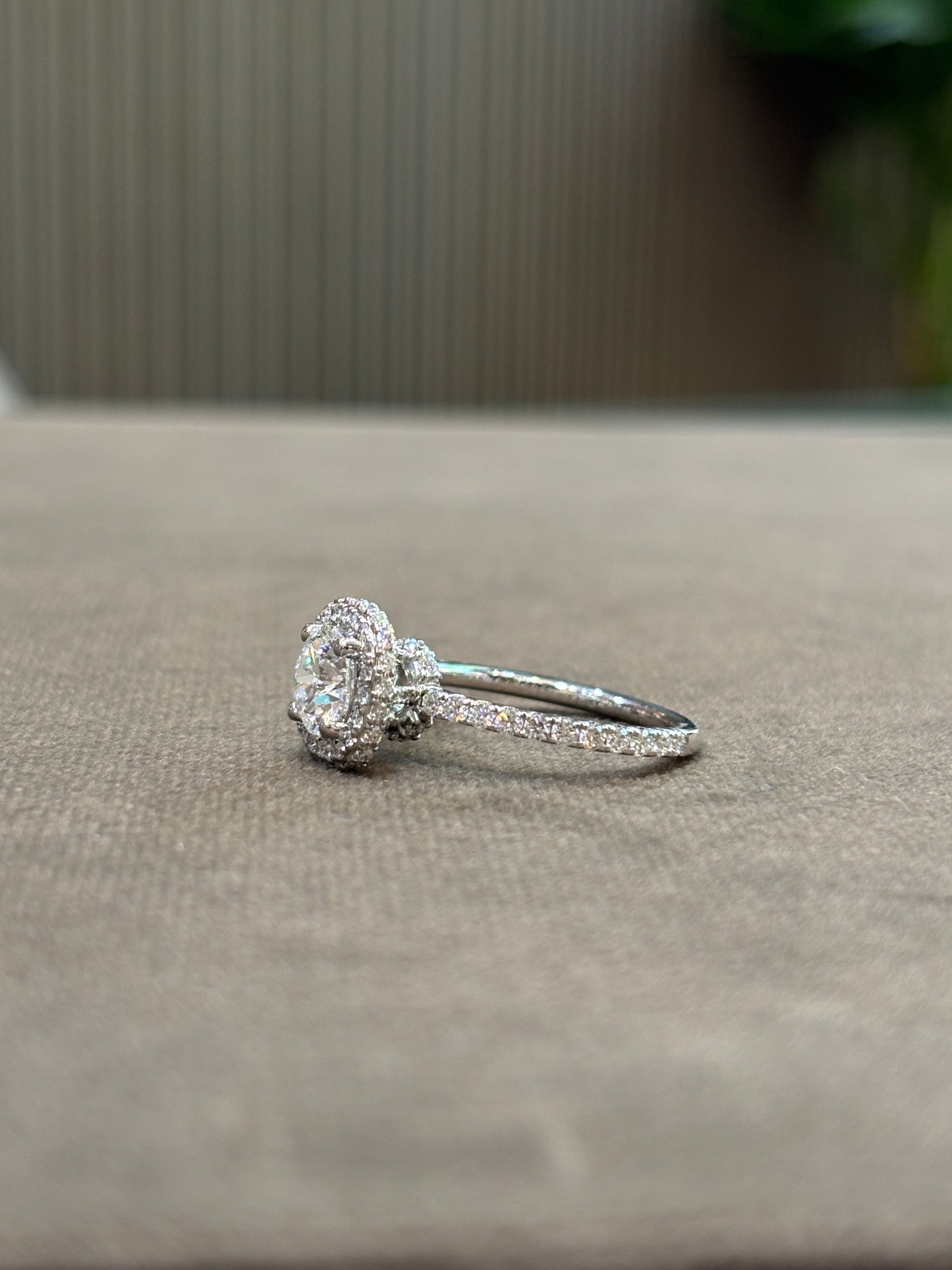 Close-up of Vanta Crest Round Lab Diamond Halo Ring set in 14K White Gold by Fiona Diamonds