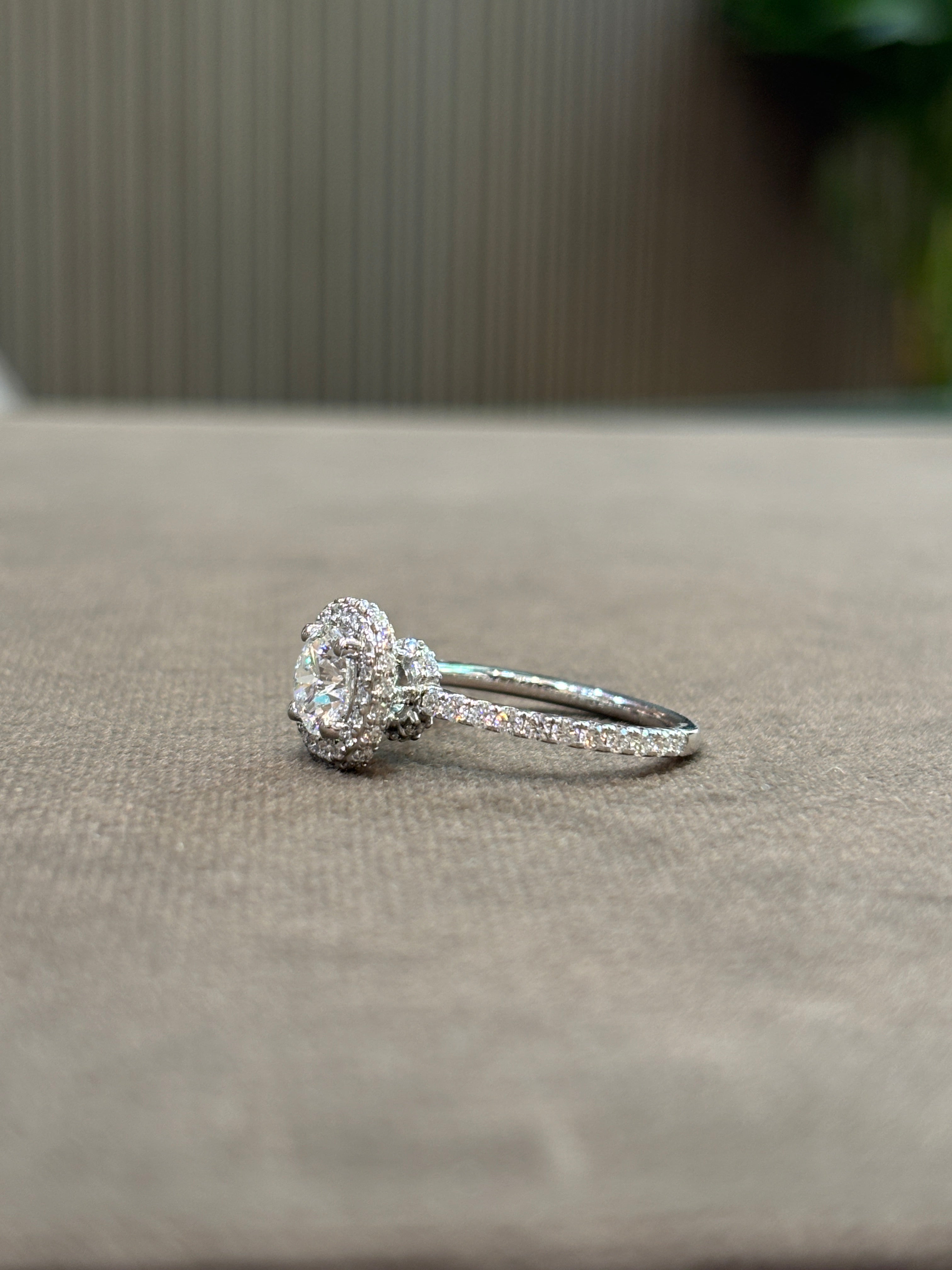Close-up of Vanta Crest Round Lab Diamond Halo Ring set in 14K White Gold by Fiona Diamonds