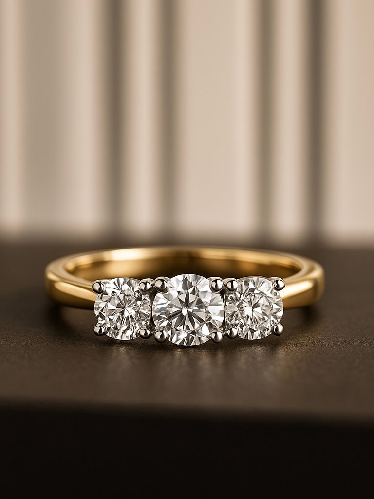 Side view of 1.28ct Round Three Stone Round Lab Diamond Three Stone Ring in 14K Yellow Gold - Fiona Diamonds