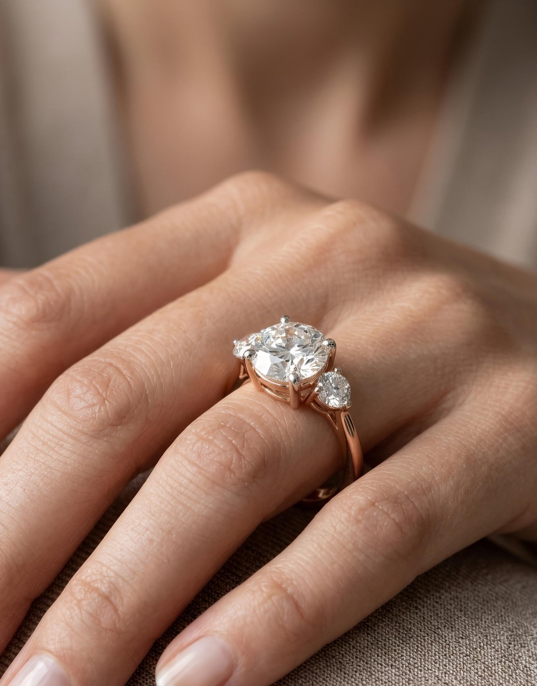 Side view of Kael Drift Round Lab Diamond Three Stone Ring in 14K Rose Gold - Fiona Diamonds