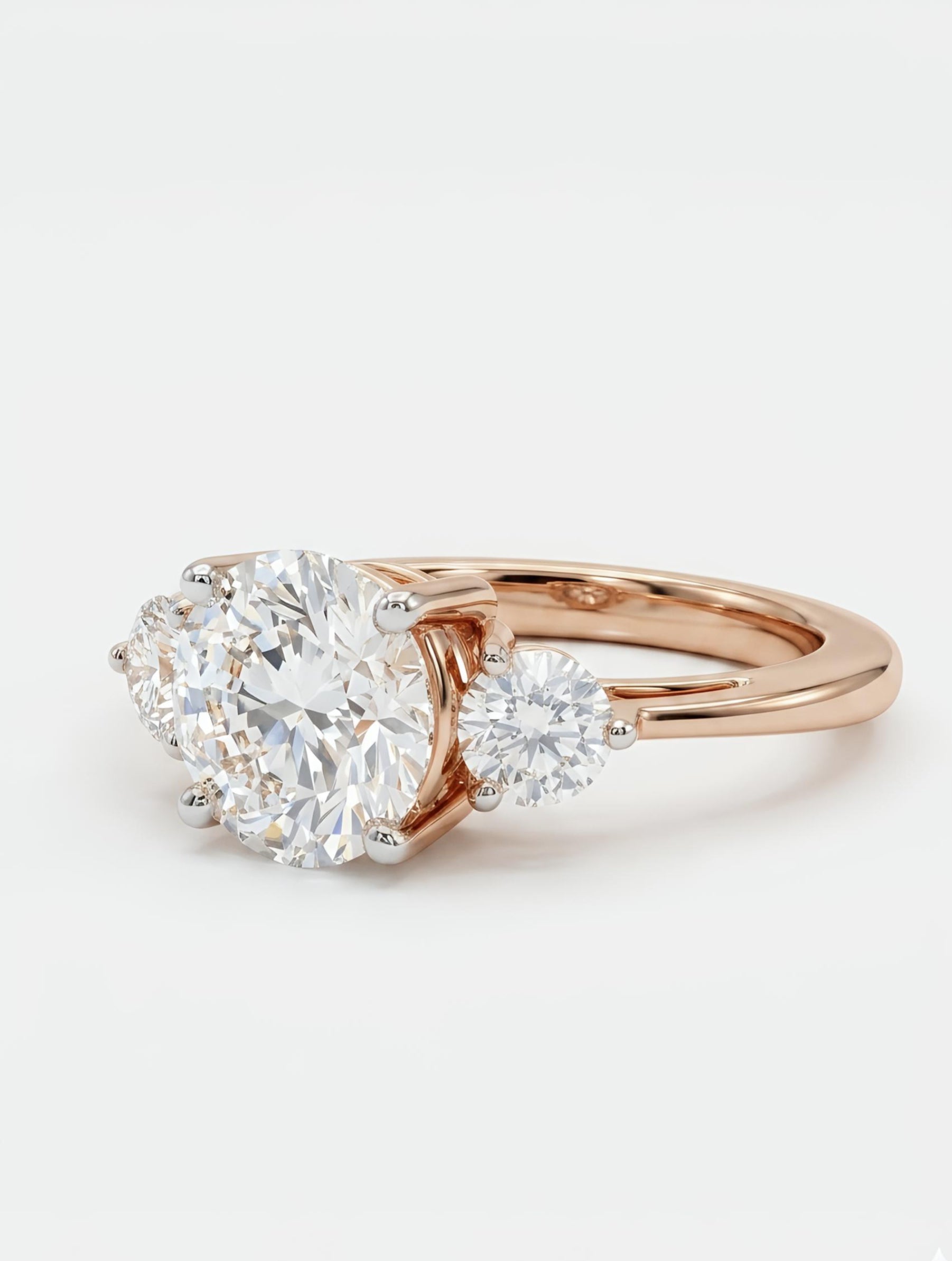 Close-up of Kael Drift Round Lab Diamond Three Stone Ring set in 14K Rose Gold by Fiona Diamonds