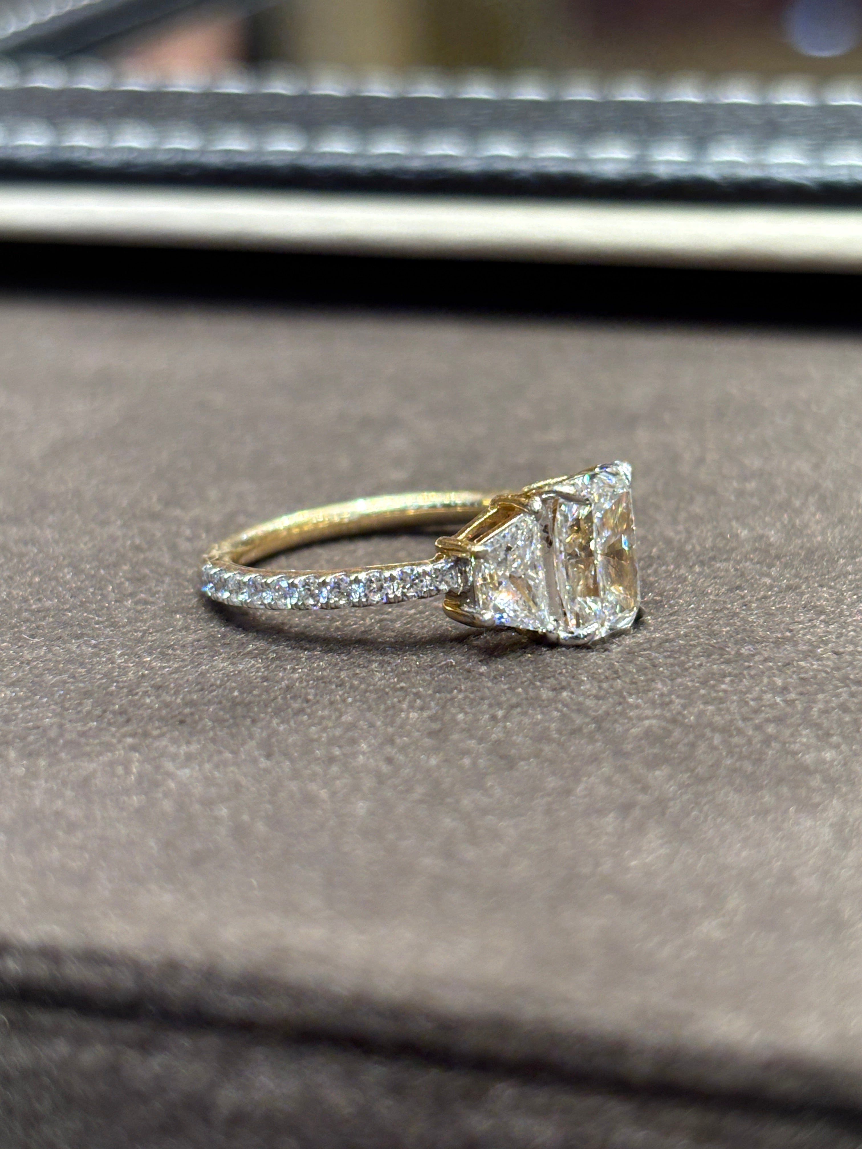 Fiona Diamonds Jovielle 1.5ct Radiant Lab Diamond Three Stone Ring in 14K Yellow Gold on hand