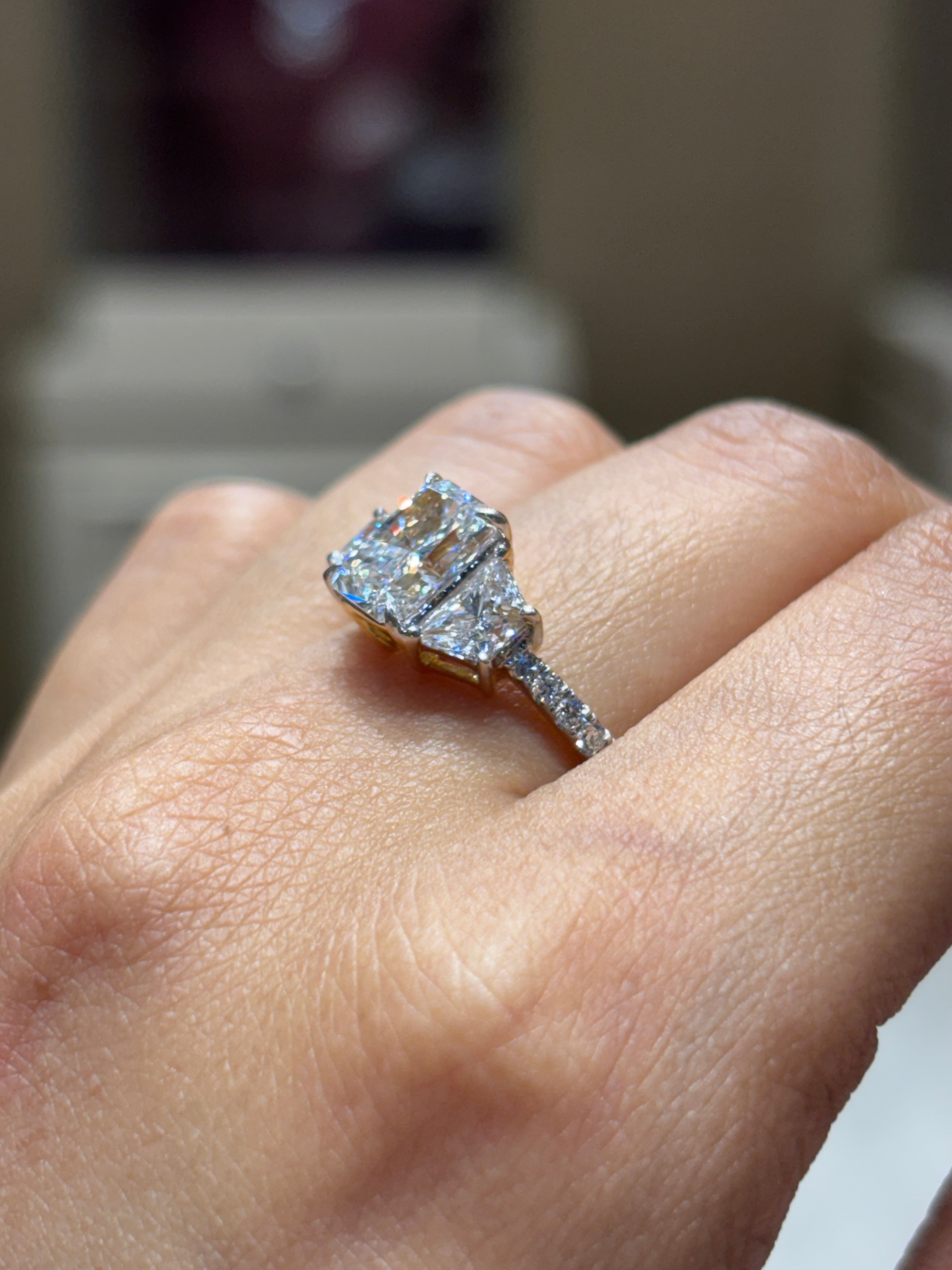 Side view of Jovielle 1.5ct Radiant Lab Diamond Three Stone Ring in 14K Yellow Gold - Fiona Diamonds