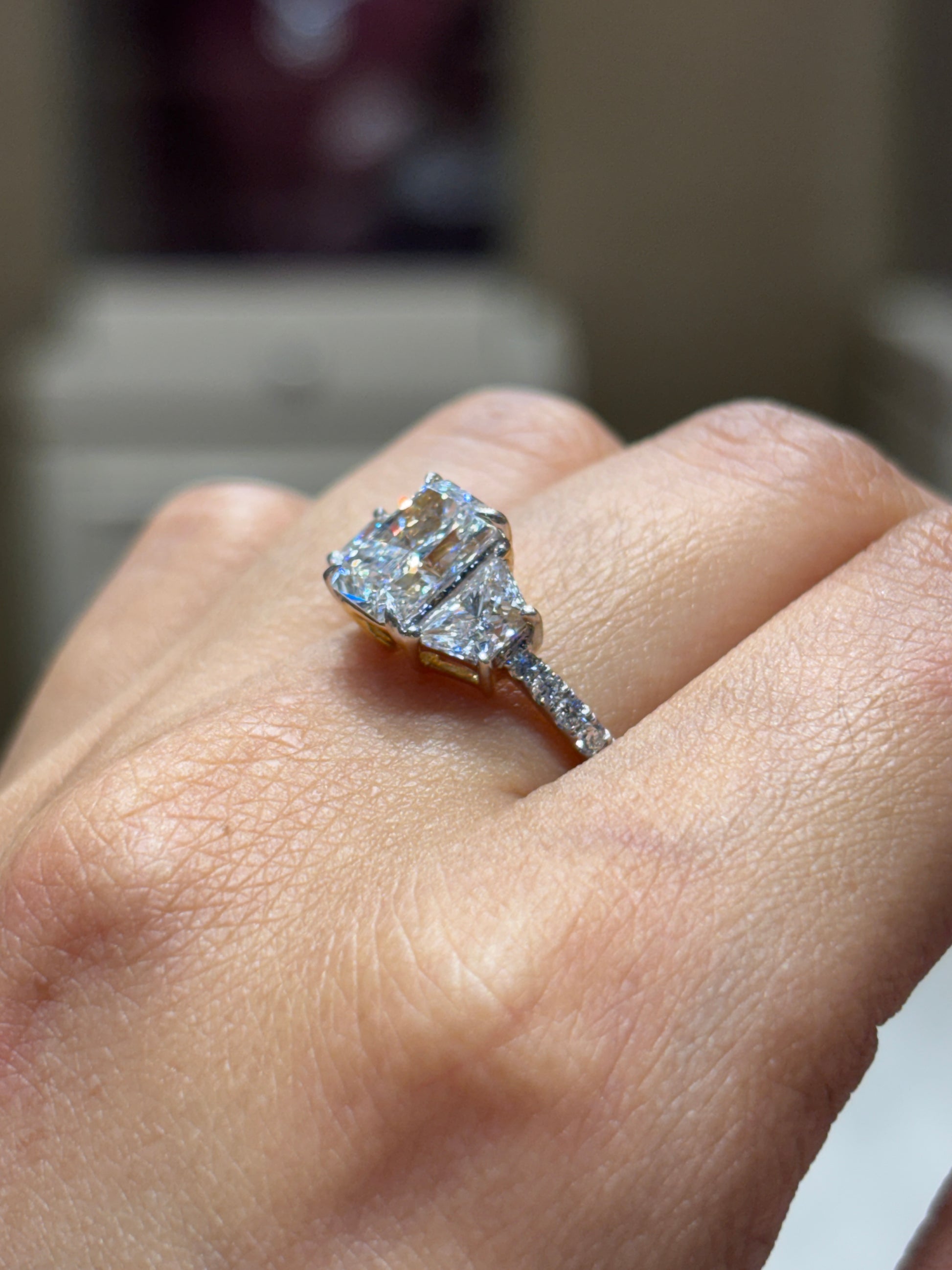 Side view of Jovielle 1.5ct Radiant Lab Diamond Three Stone Ring in 14K Yellow Gold - Fiona Diamonds