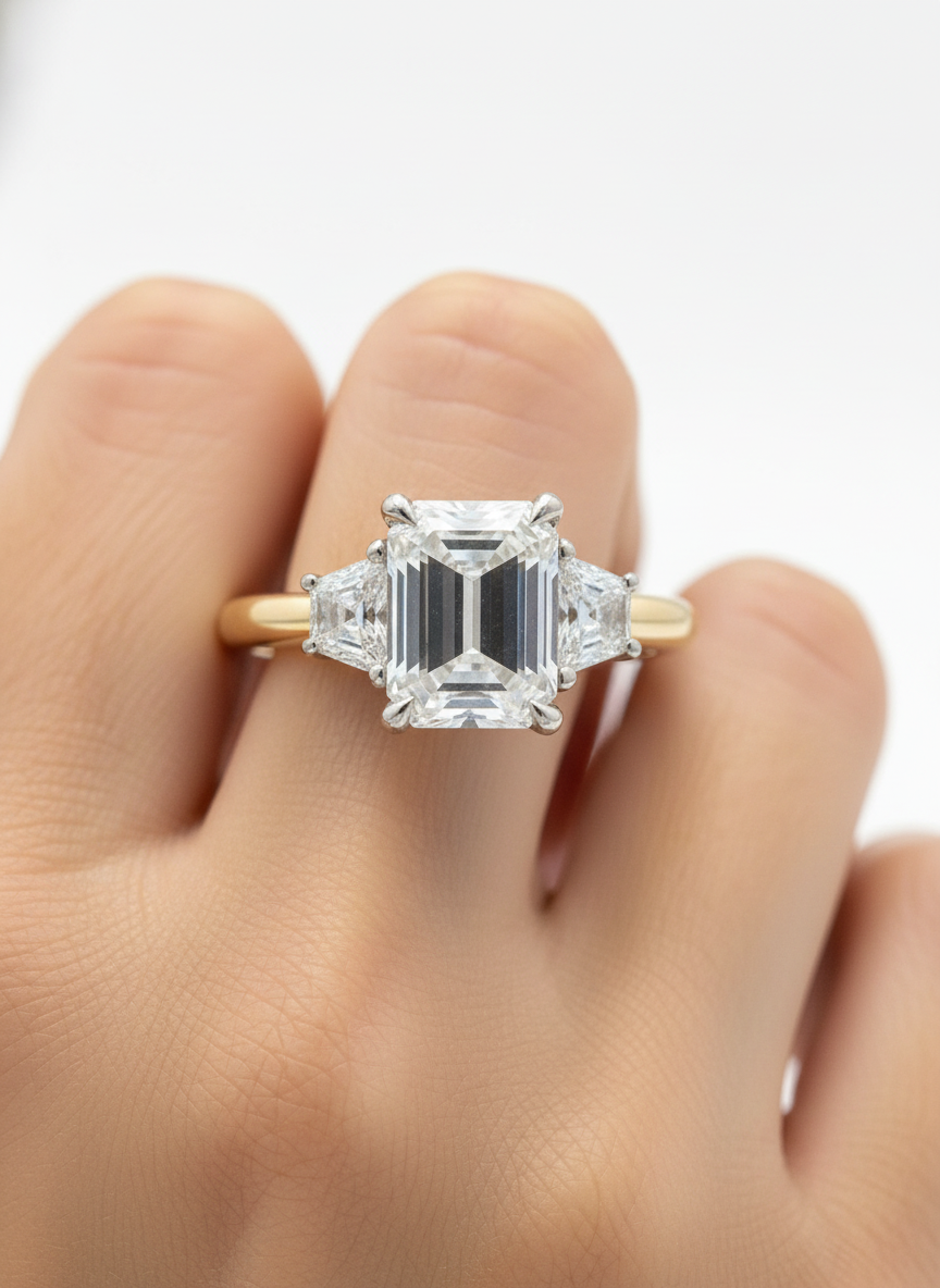 Side view of Cipher Band Emerald Lab Diamond Three Stone Ring in 14K Yellow Gold - Fiona Diamonds