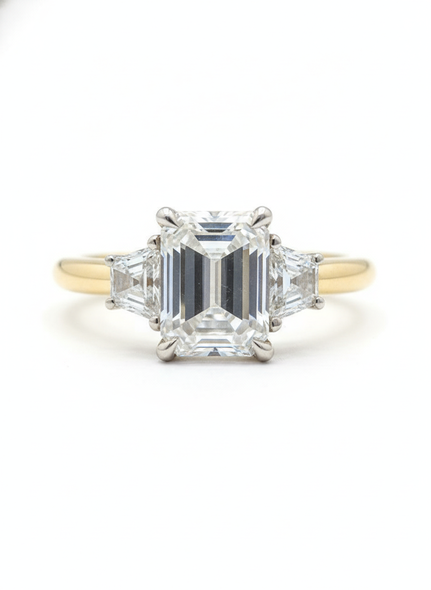 Cipher Band Emerald Lab Diamond Three Stone Ring in 14K Yellow Gold by Fiona Diamonds