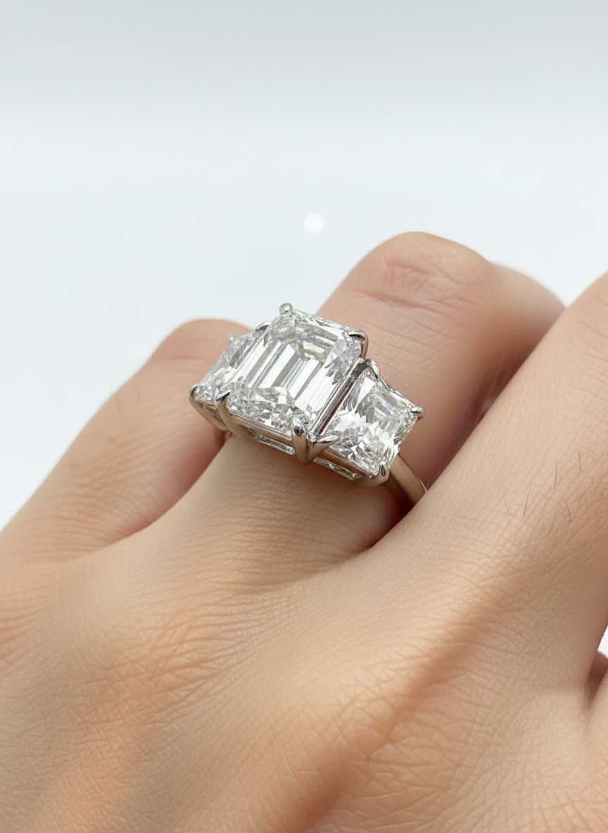 Side view of Aegis Coil Round Lab Diamond Three Stone Ring in 18K White Gold - Fiona Diamonds