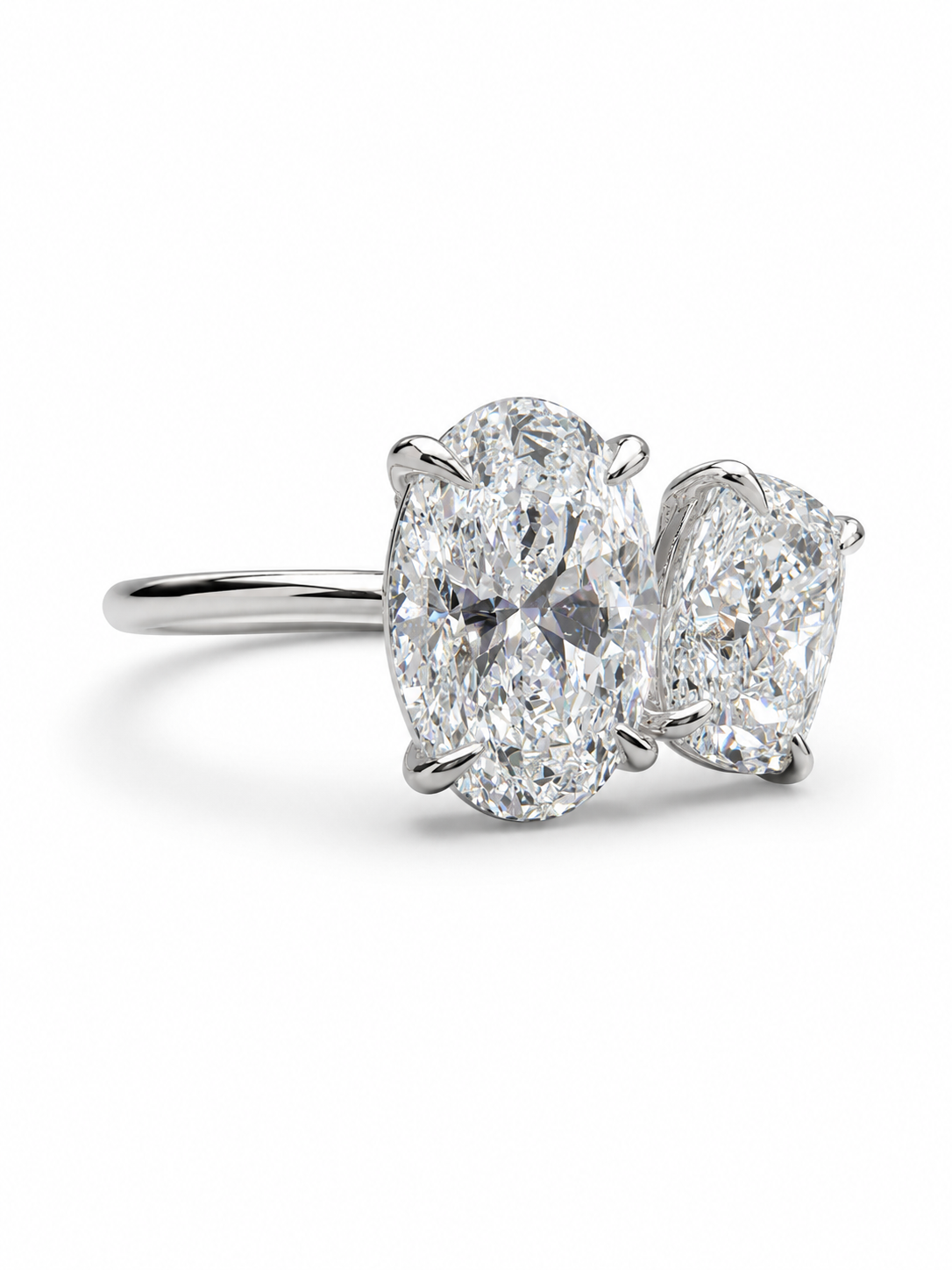 Close-up of Ravenna Lore Oval & Cushion Lab Diamond Toi Et Moi Ring set in 14K White Gold by Fiona Diamonds