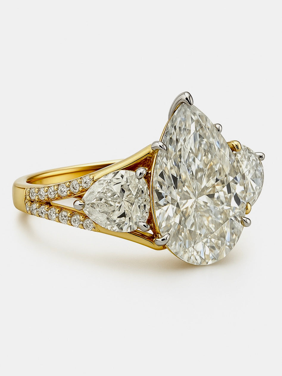 Eloura Bliss 5ct Pear Lab Diamond Three Stone Ring in 18K Yellow Gold by Fiona Diamonds