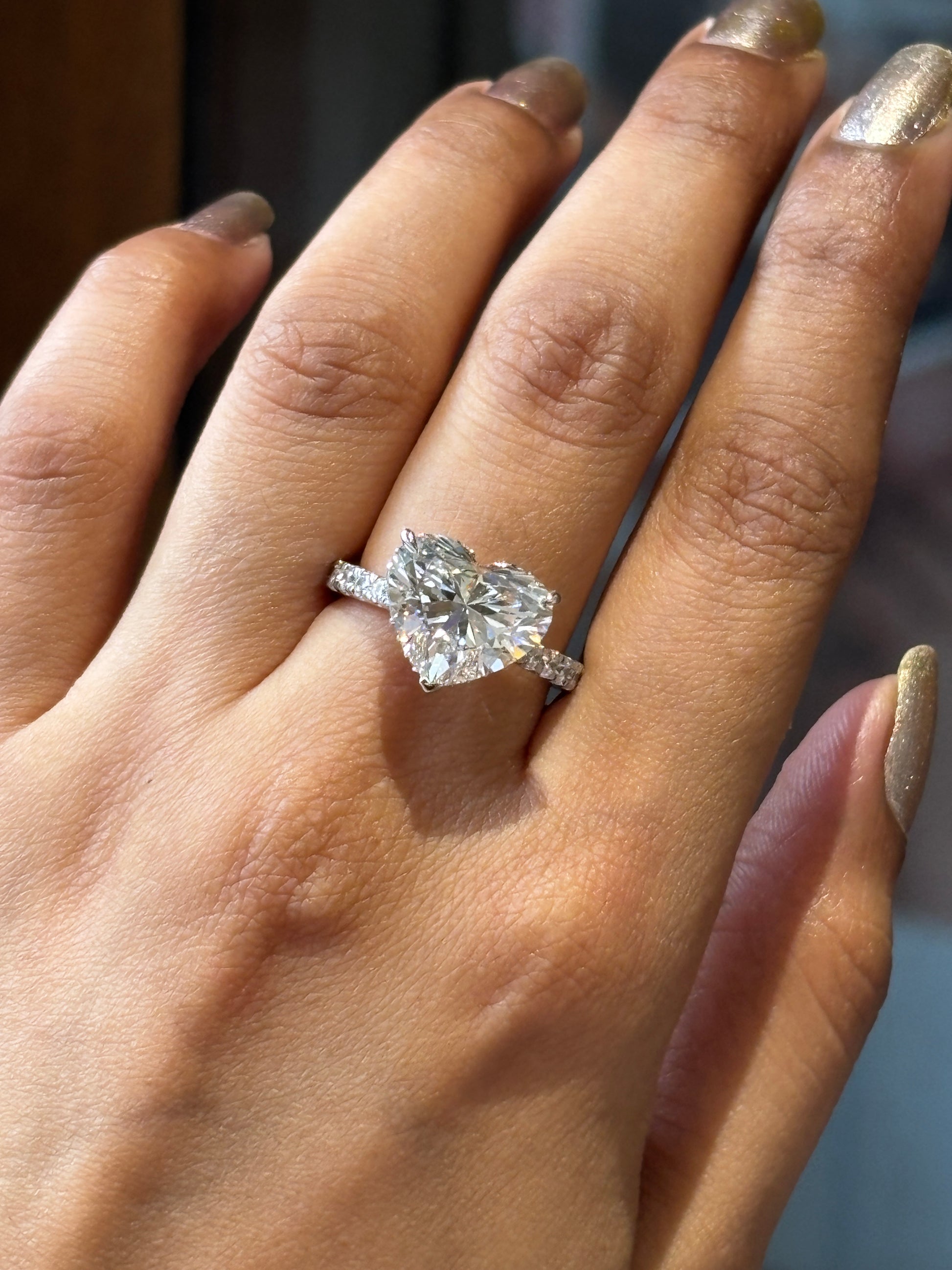 Side view of Elandra 5ct Heart Lab Diamond Side Stone Solitaire Ring in 18K Rose Gold  Fiona Diamonds