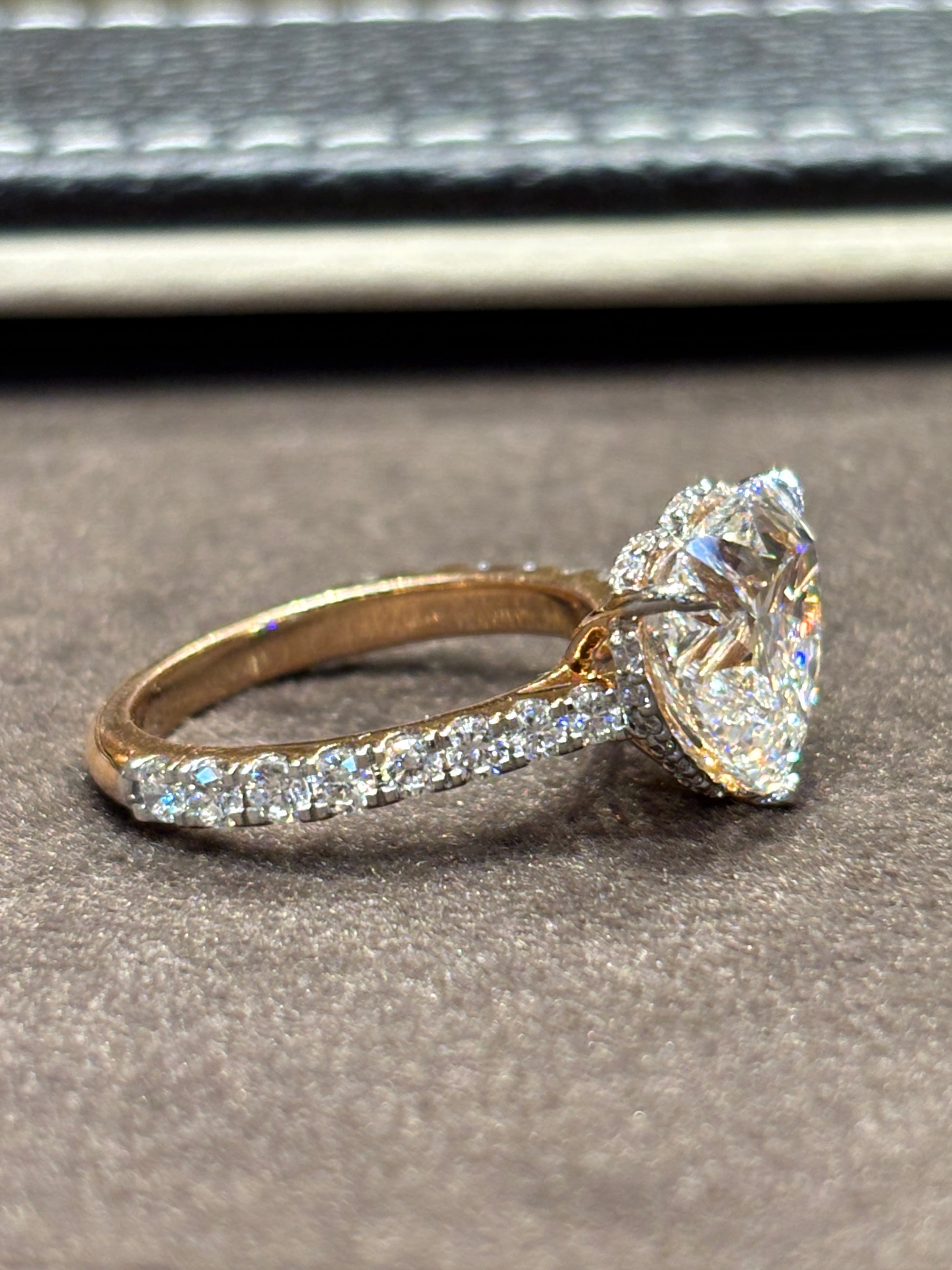 Fiona Diamonds Elandra 5ct Heart Lab Diamond Side Stone Solitaire Ring in 18K Rose Gold on hand