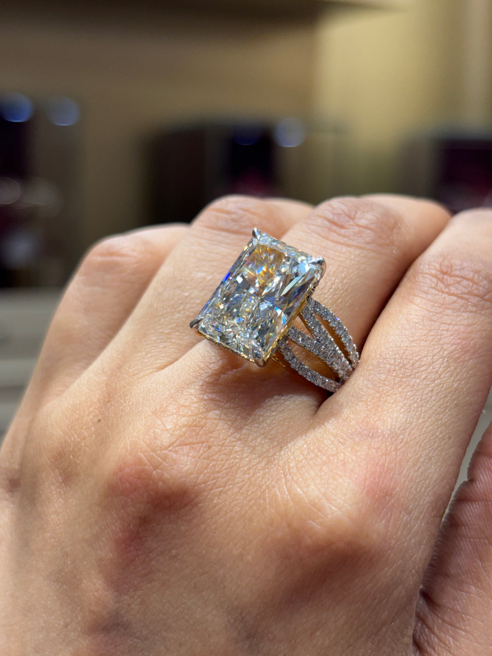 Elegant Thalya 8.8ct Whisper Emerald Lab Diamond Side Stone Solitaire Ring in 18K Yellow Gold by Fiona Diamonds