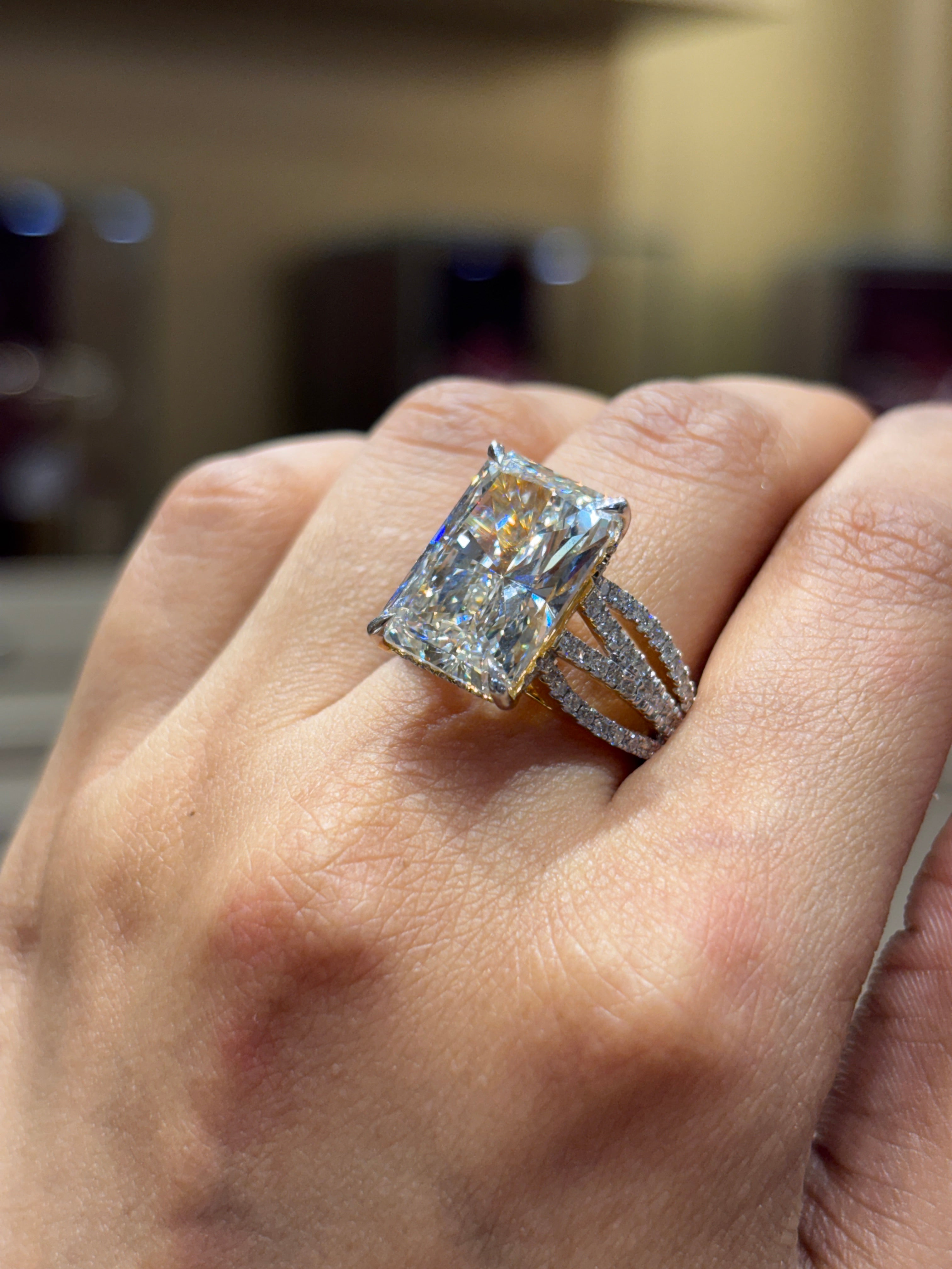 Elegant Thalya 8.8ct Whisper Emerald Lab Diamond Side Stone Solitaire Ring in 18K Yellow Gold by Fiona Diamonds