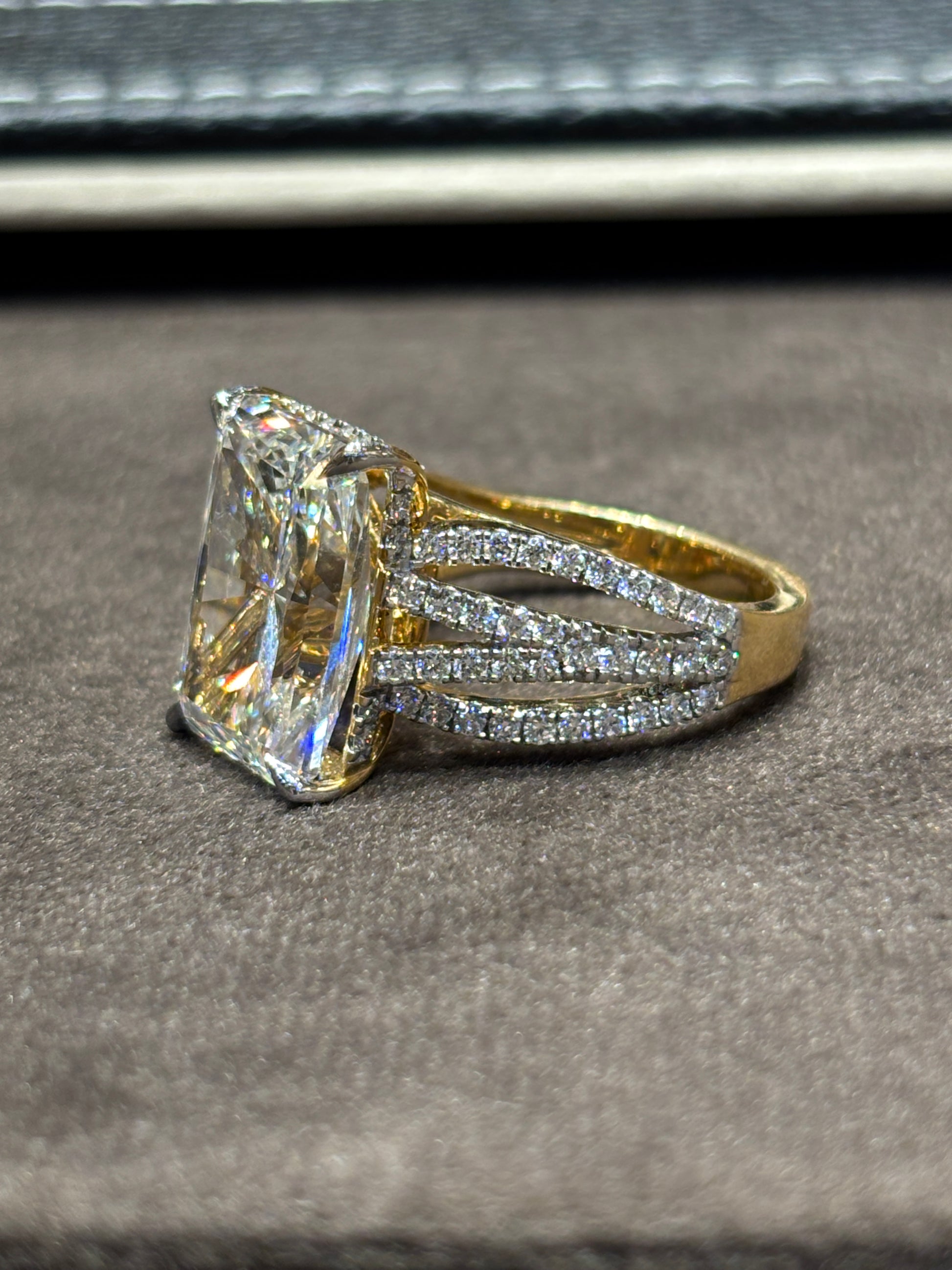 Emerald Lab Diamond Side Stone Solitaire Ring in 18K Yellow Gold  Thalya 8.8ct Whisper by Fiona Diamonds