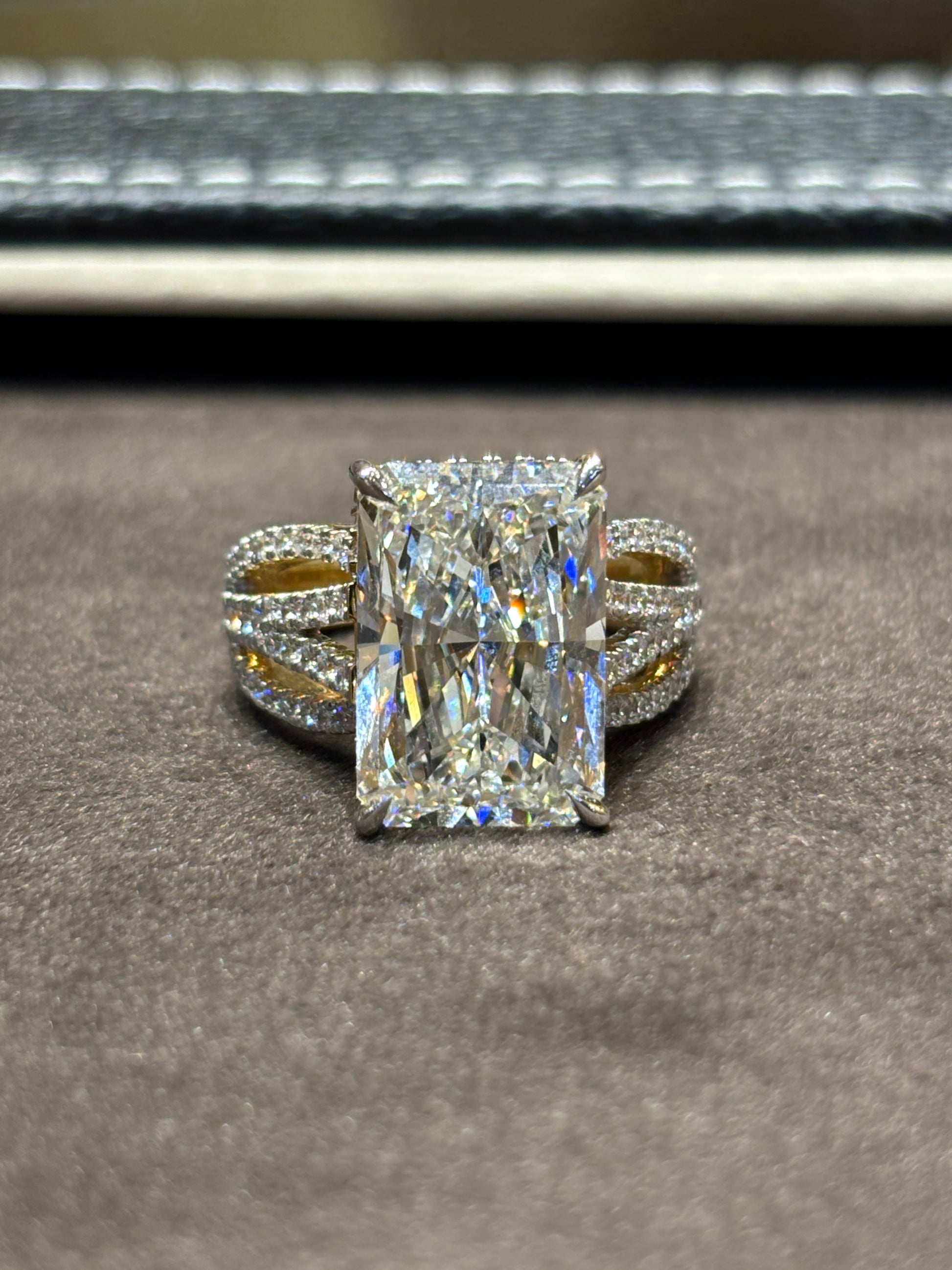 Fiona Diamonds Thalya 8.8ct Whisper Emerald Lab Diamond Side Stone Solitaire Ring in 18K Yellow Gold on hand