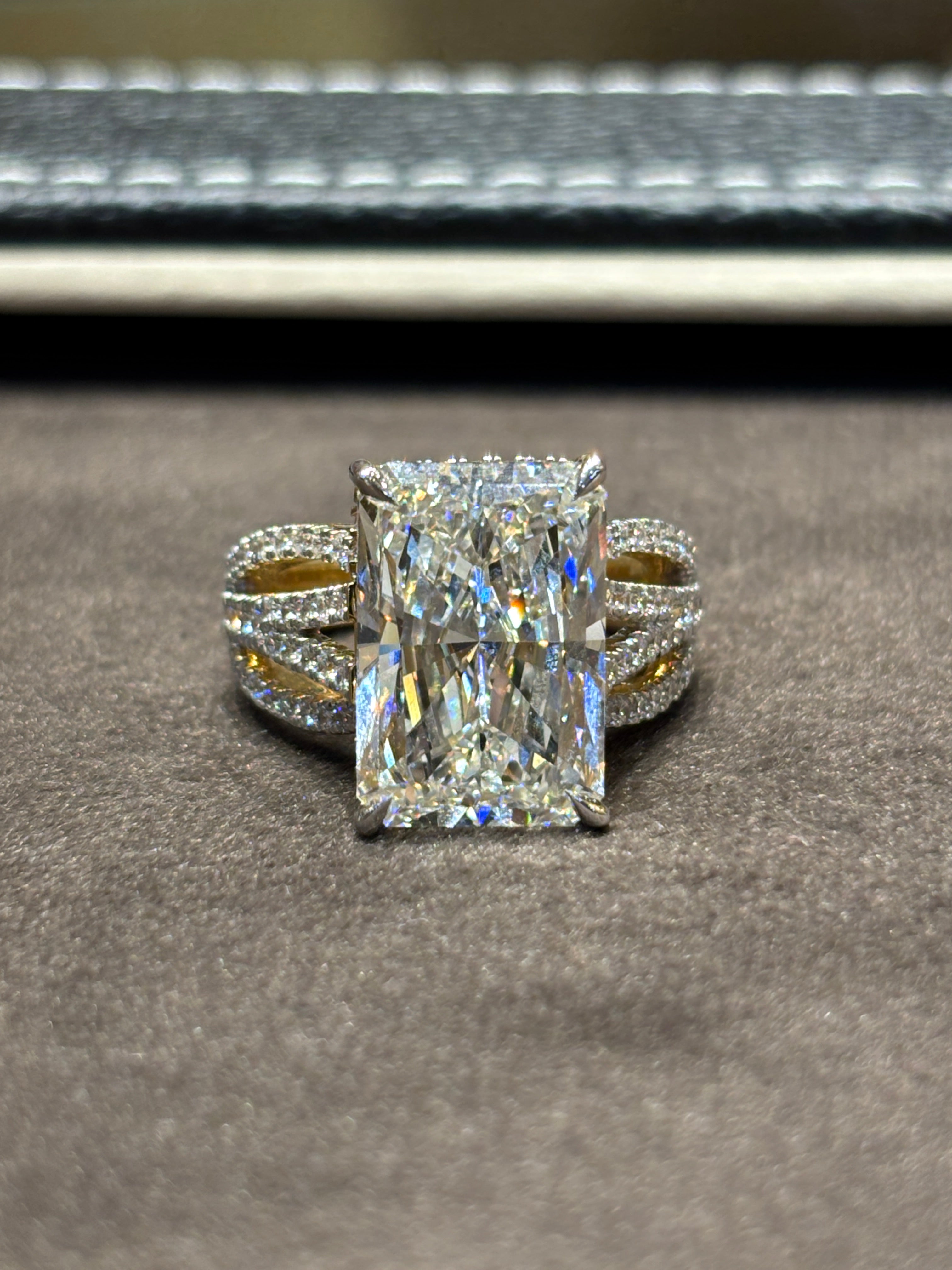 Fiona Diamonds Thalya 8.8ct Whisper Emerald Lab Diamond Side Stone Solitaire Ring in 18K Yellow Gold on hand