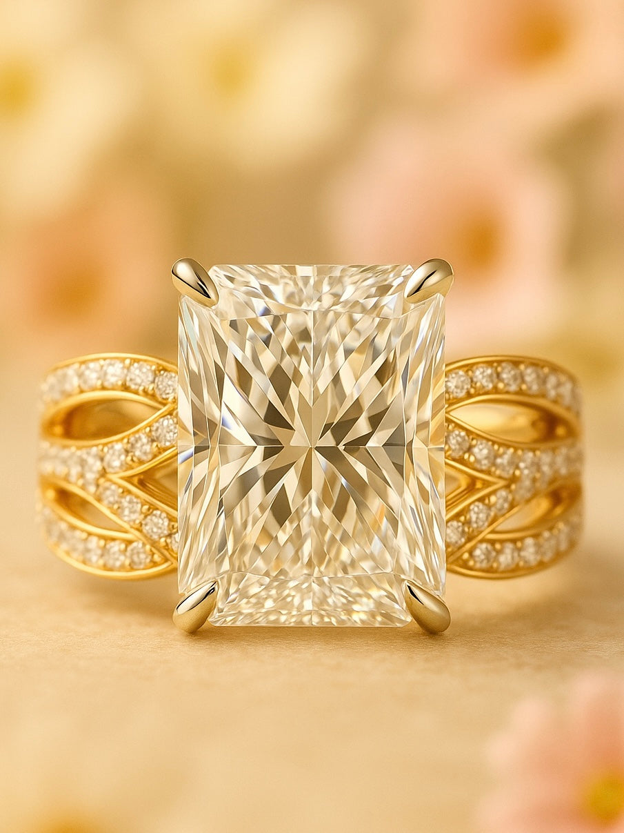 Side view of Thalya 8.8ct Whisper Emerald Lab Diamond Side Stone Solitaire Ring in 18K Yellow Gold  Fiona Diamonds