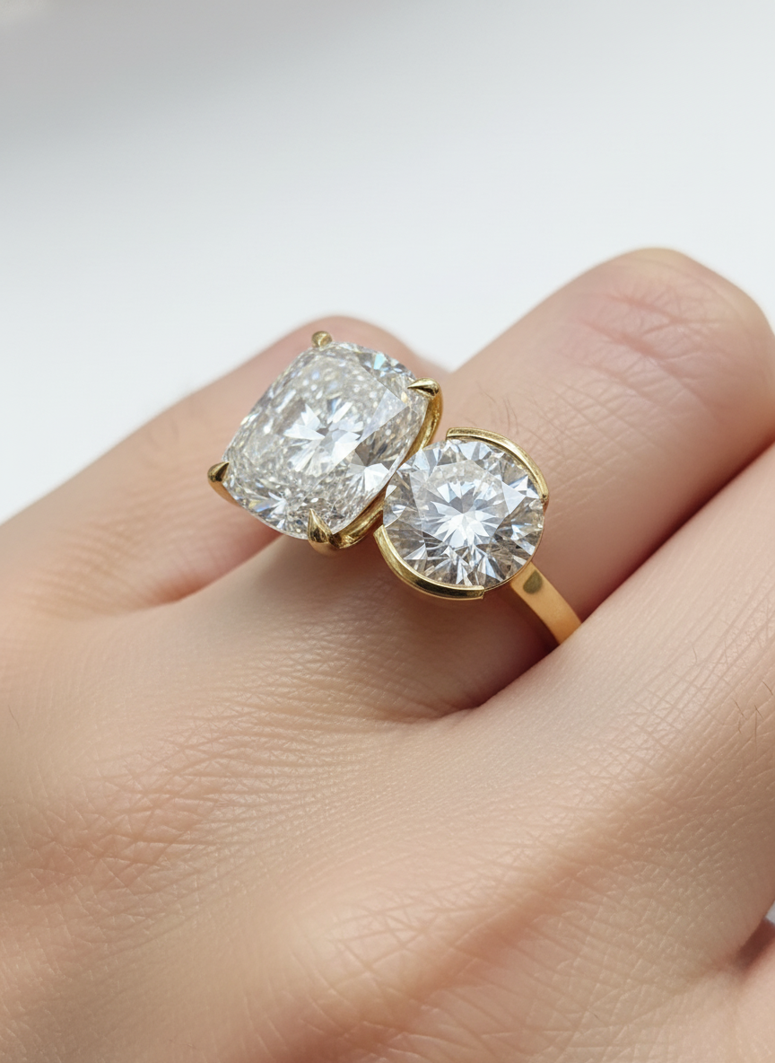 Side view of Solstice Wrap Cushion & Round Lab Diamond Toi Et Moi Ring in 14K Yellow Gold - Fiona Diamonds