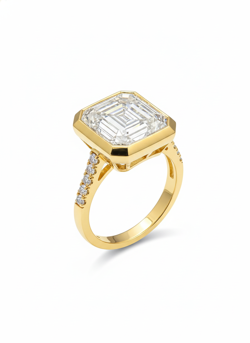 Close-up of Fable Bezel Lab Diamond Side Stone Solitaire Ring set in Gold by Fiona Diamonds