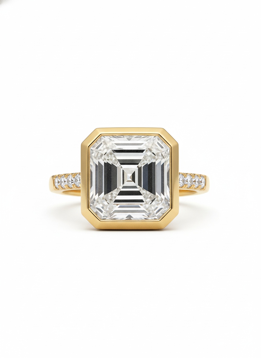 Fable Bezel Lab Diamond Side Stone Solitaire Ring in Gold by Fiona Diamonds
