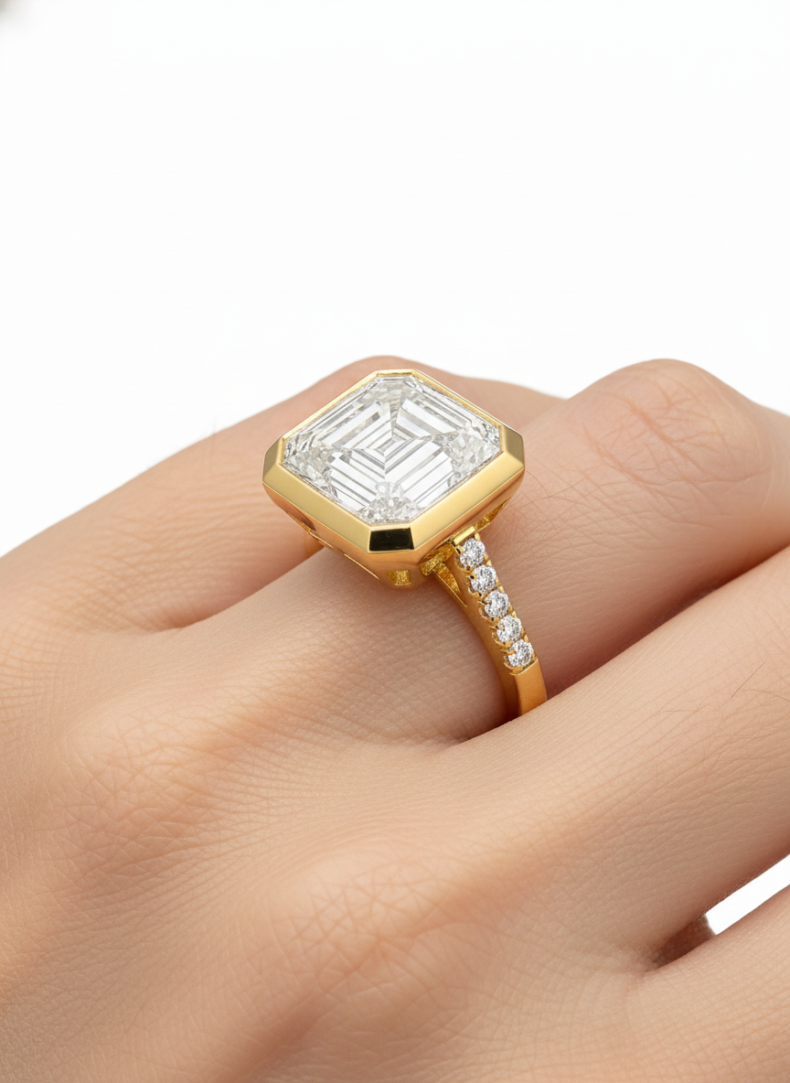 Side view of Fable Bezel Lab Diamond Side Stone Solitaire Ring in Gold  Fiona Diamonds