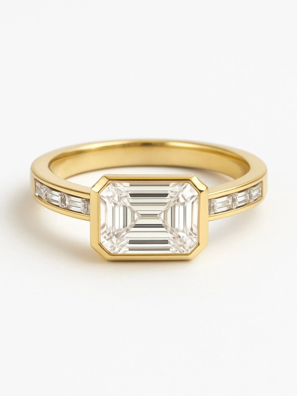 Blush Horizon 2ct Emerald Lab Diamond Side Stone Solitaire Ring in 18K Yellow Gold by Fiona Diamonds