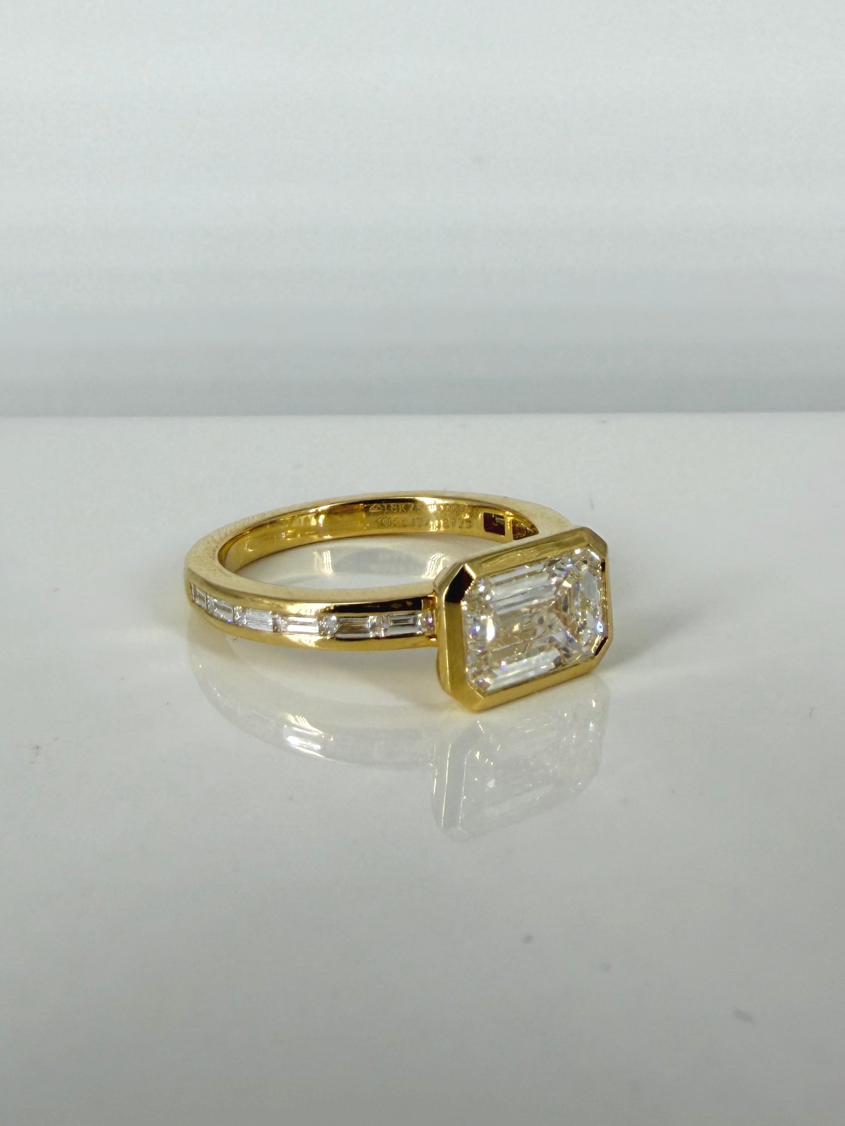 Emerald Lab Diamond Side Stone Solitaire Ring in 18K Yellow Gold  Blush Horizon 2ct by Fiona Diamonds
