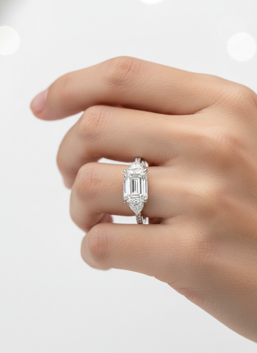 Side view of Brielle Crest Emerald Lab Diamond Three Stone Ring in 18K Yellow Gold - Fiona Diamonds