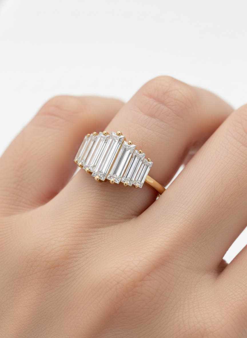 Side view of Nova Cluster Baguette Lab Diamond Designer Ring in 14K Yellow Gold - Fiona Diamonds