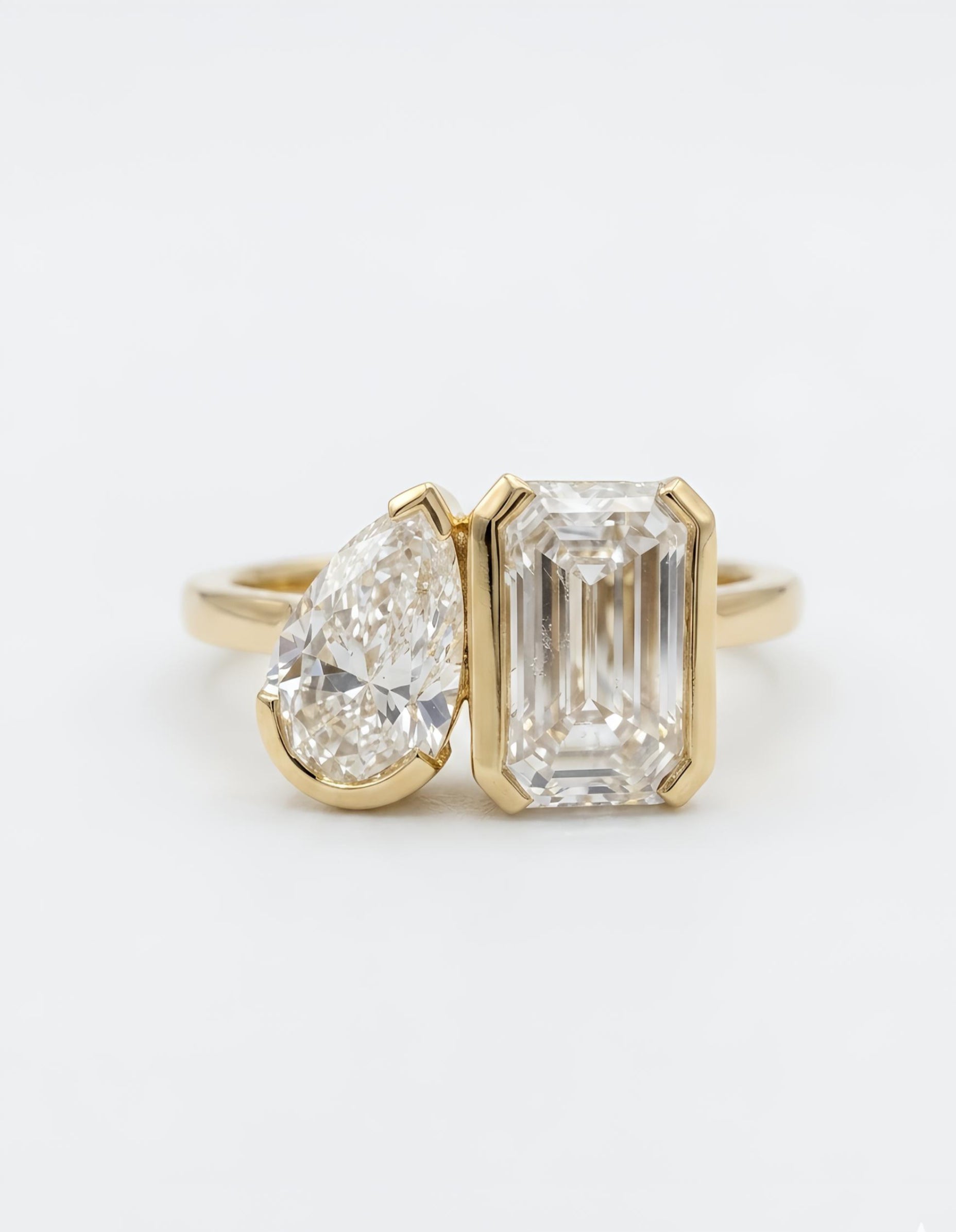Aura Nexus Emerald & Pear Lab Diamond Toi Et Moi Ring in 14K Yellow Gold by Fiona Diamonds