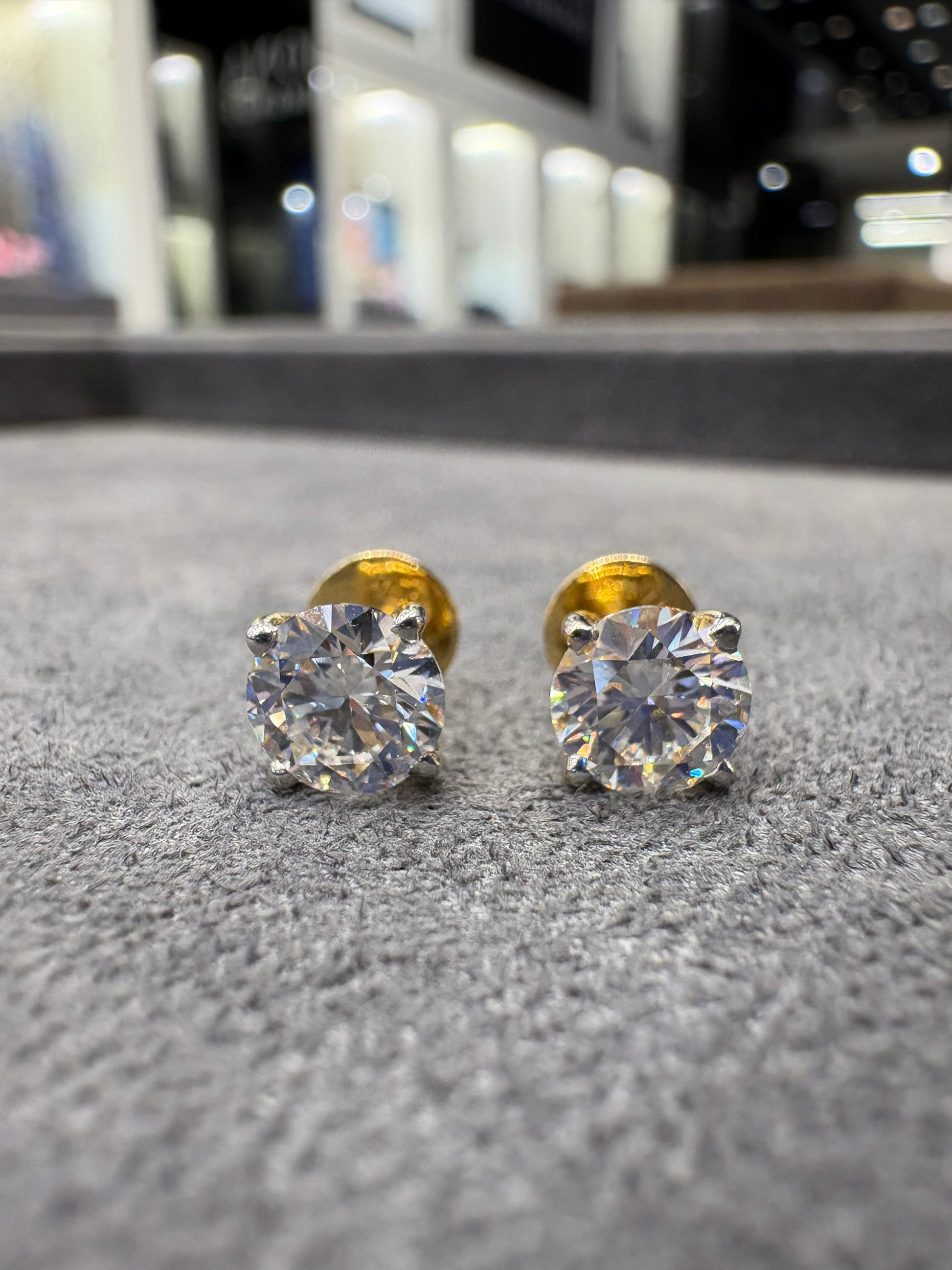 Fiona Diamonds Elowen Mist Round Lab Diamond Stud Earrings in 18K Yellow Gold on ear
