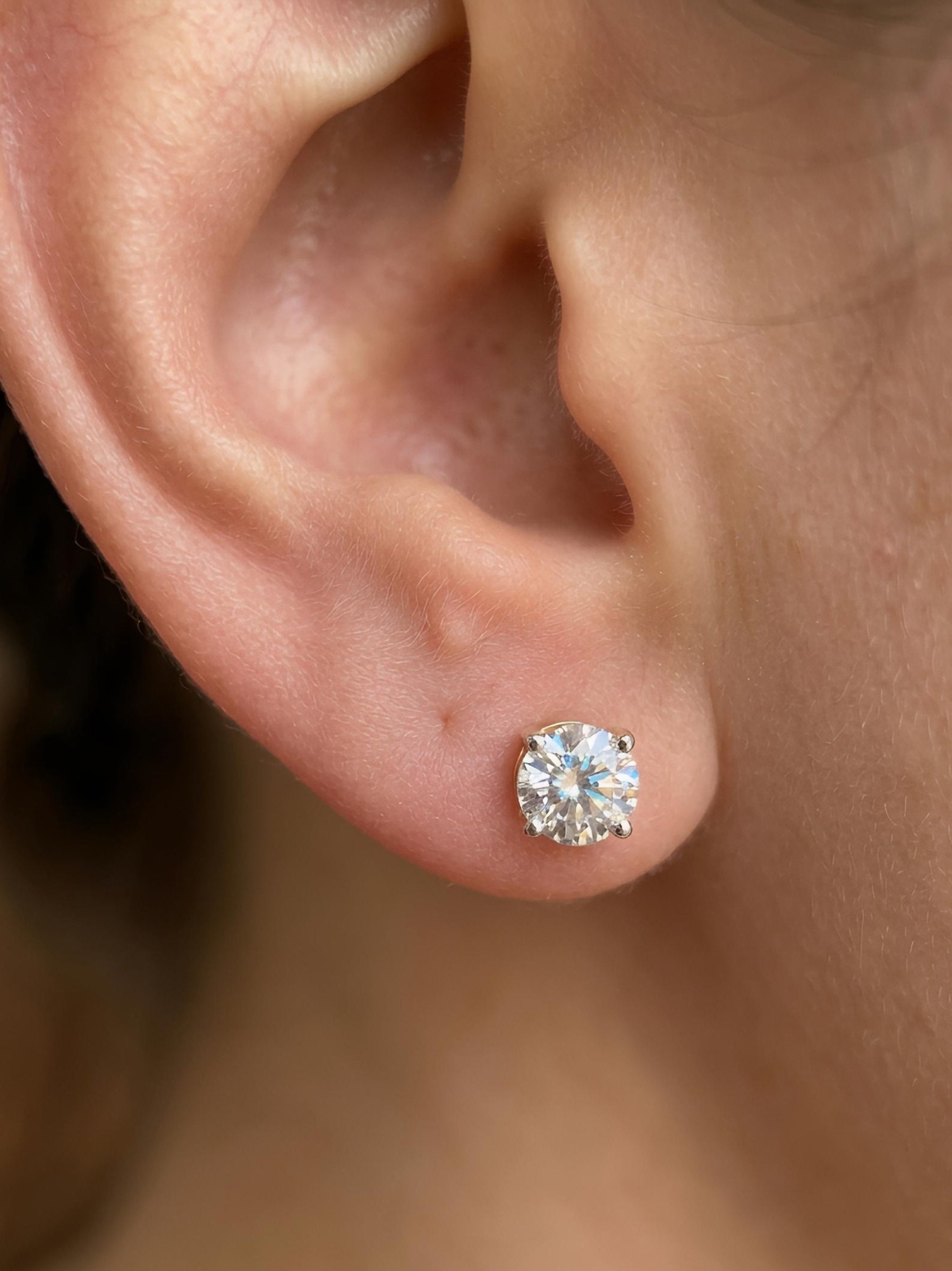 Side view of Elowen Mist Round Lab Diamond Stud Earrings in 18K Yellow Gold - Fiona Diamonds