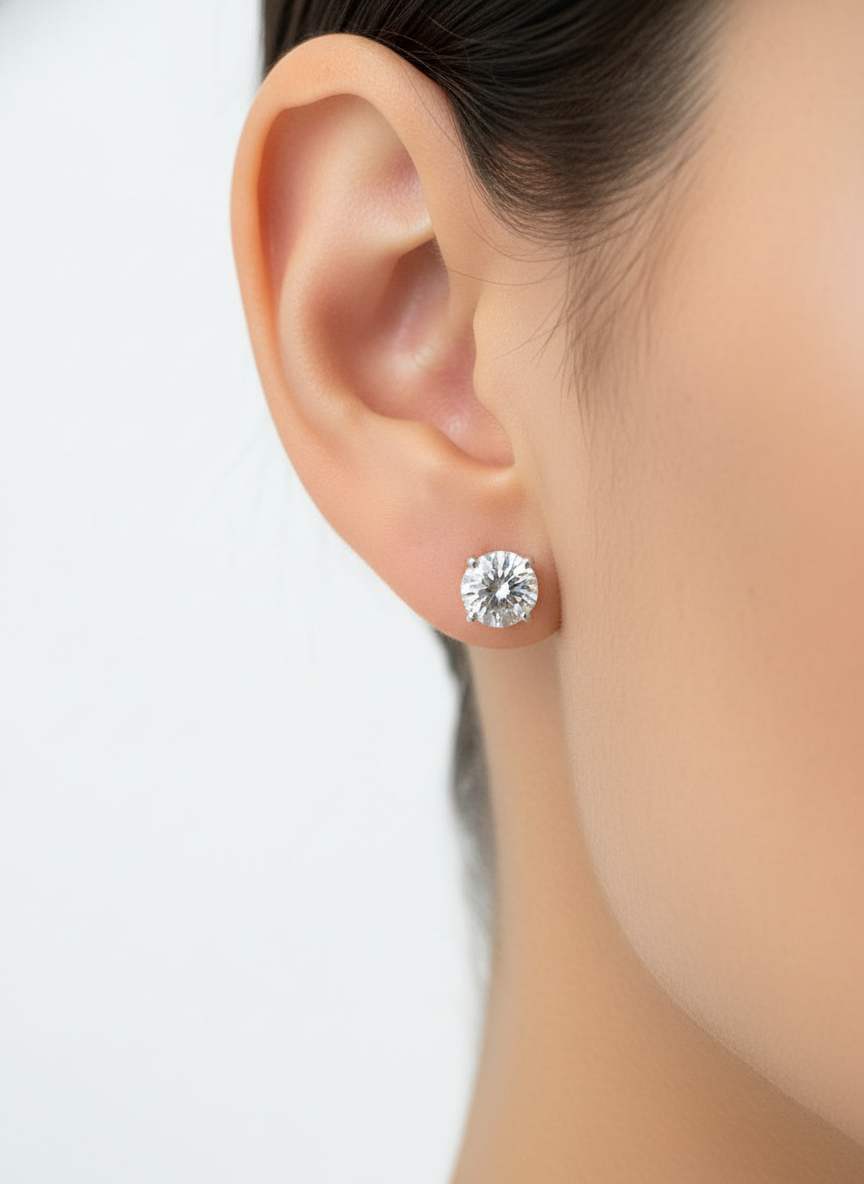 Side view of Flare Drop Round Lab Diamond Stud Earrings in 18K Yellow Gold - Fiona Diamonds